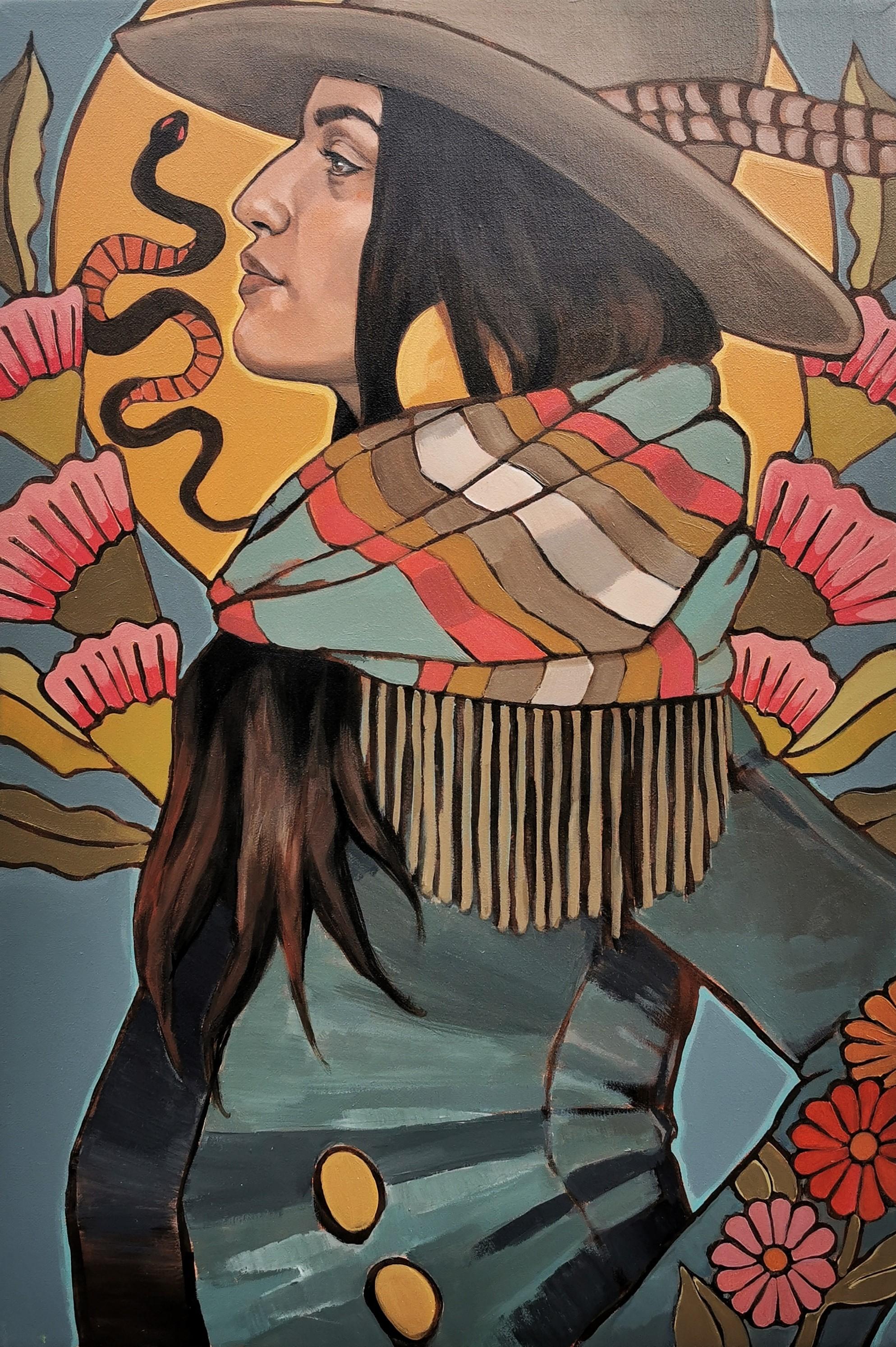 Portrait Painting de Maya Ripley - "En lo alto de la montaña" - Pintura acrílica figurativa contemporánea 2024