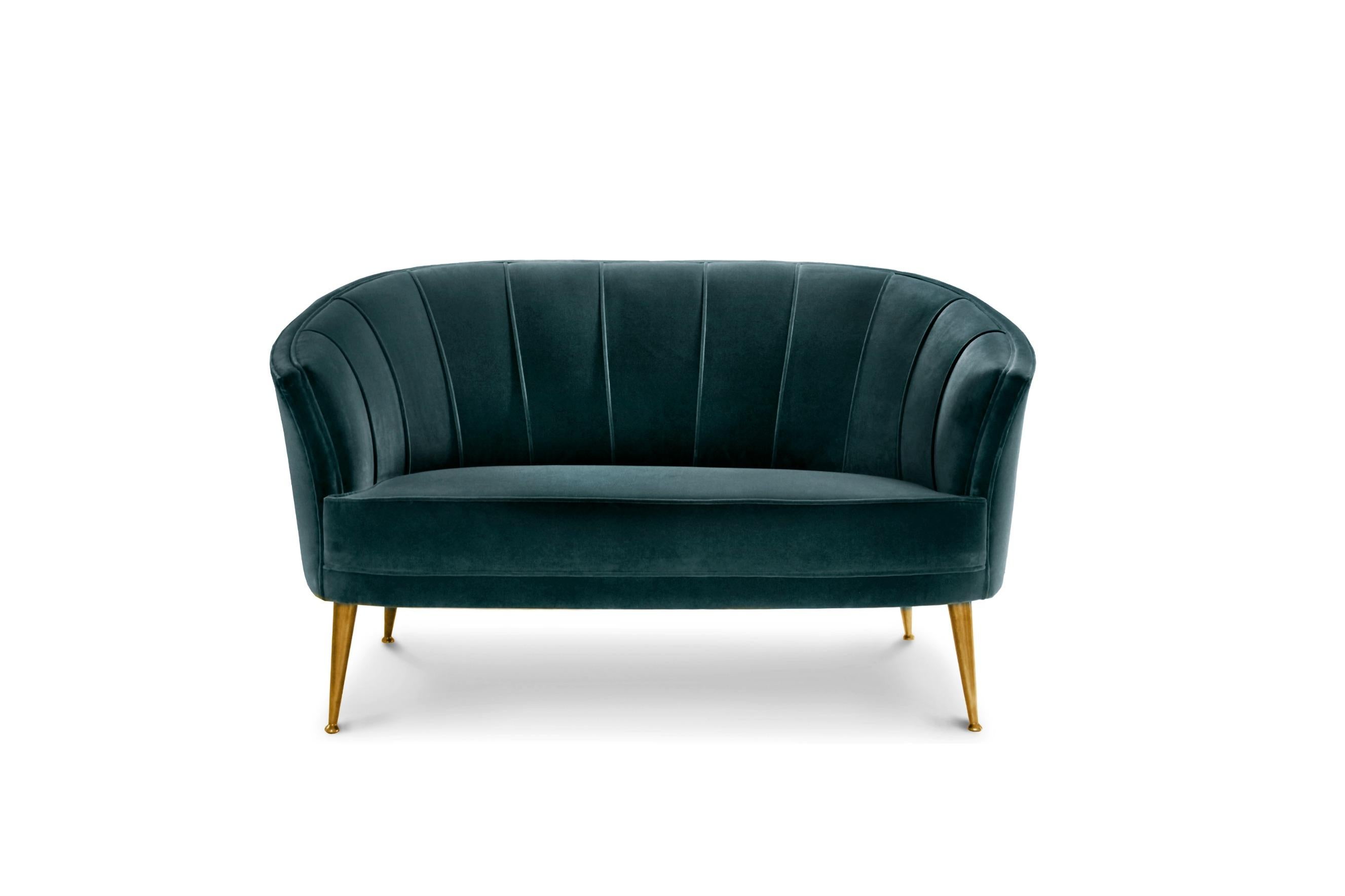 Modern Maya Sofa and Loveseat in Cotton Velvet and Matte Aged Brass Legs by Brabbu For Sale