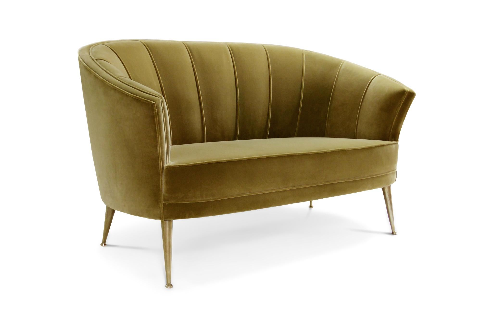 Maya Sofa and Loveseat in Cotton Velvet and Matte Aged Brass Legs by Brabbu For Sale 1