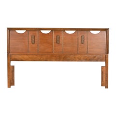 Mayan Collection Mid-Century Modern Sculpted Walnut Queen Size Headboard, 1960s