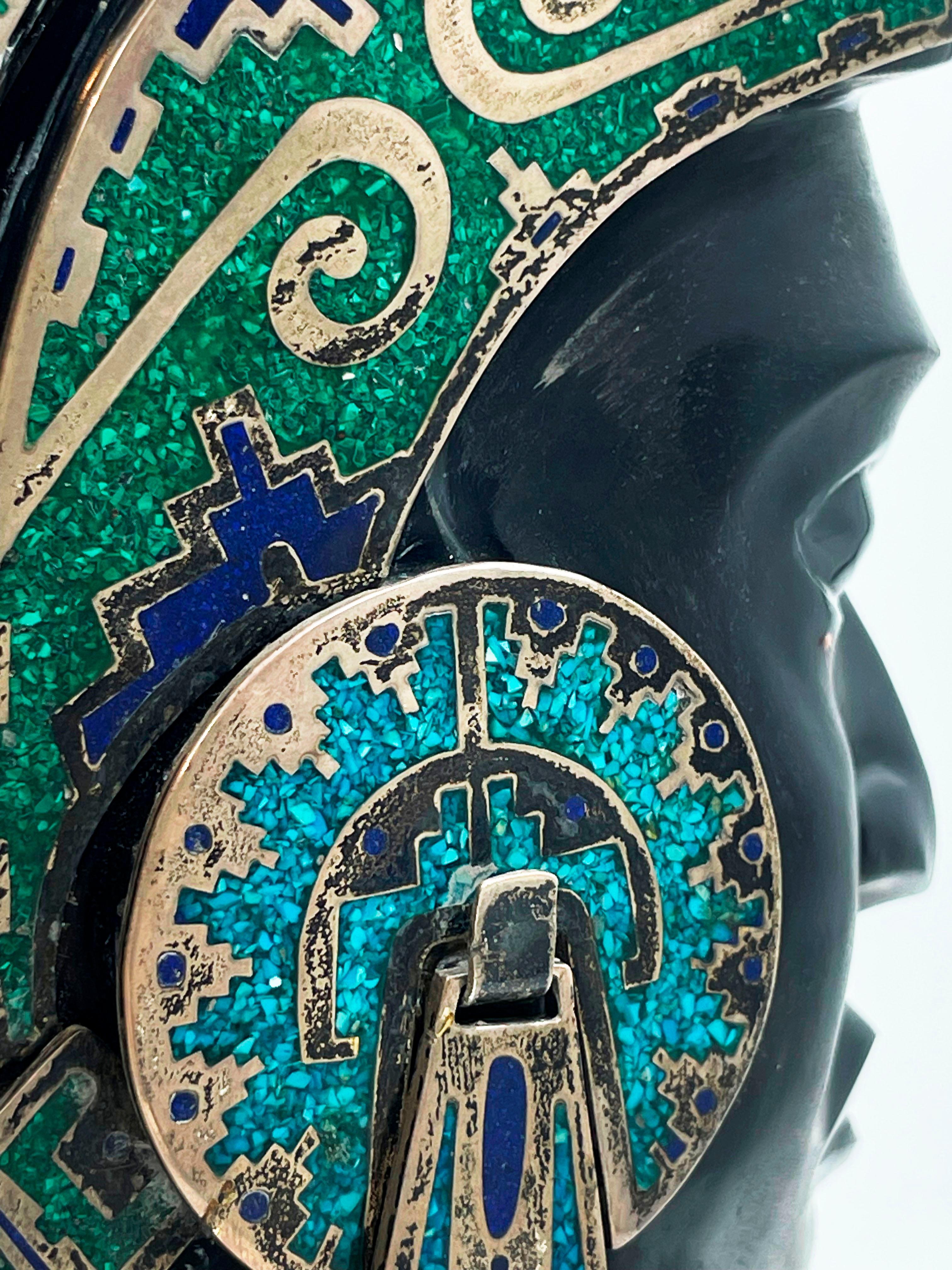 Folk Art Mayan King Pacal Obsidian Sculpture Mexican sterling silver