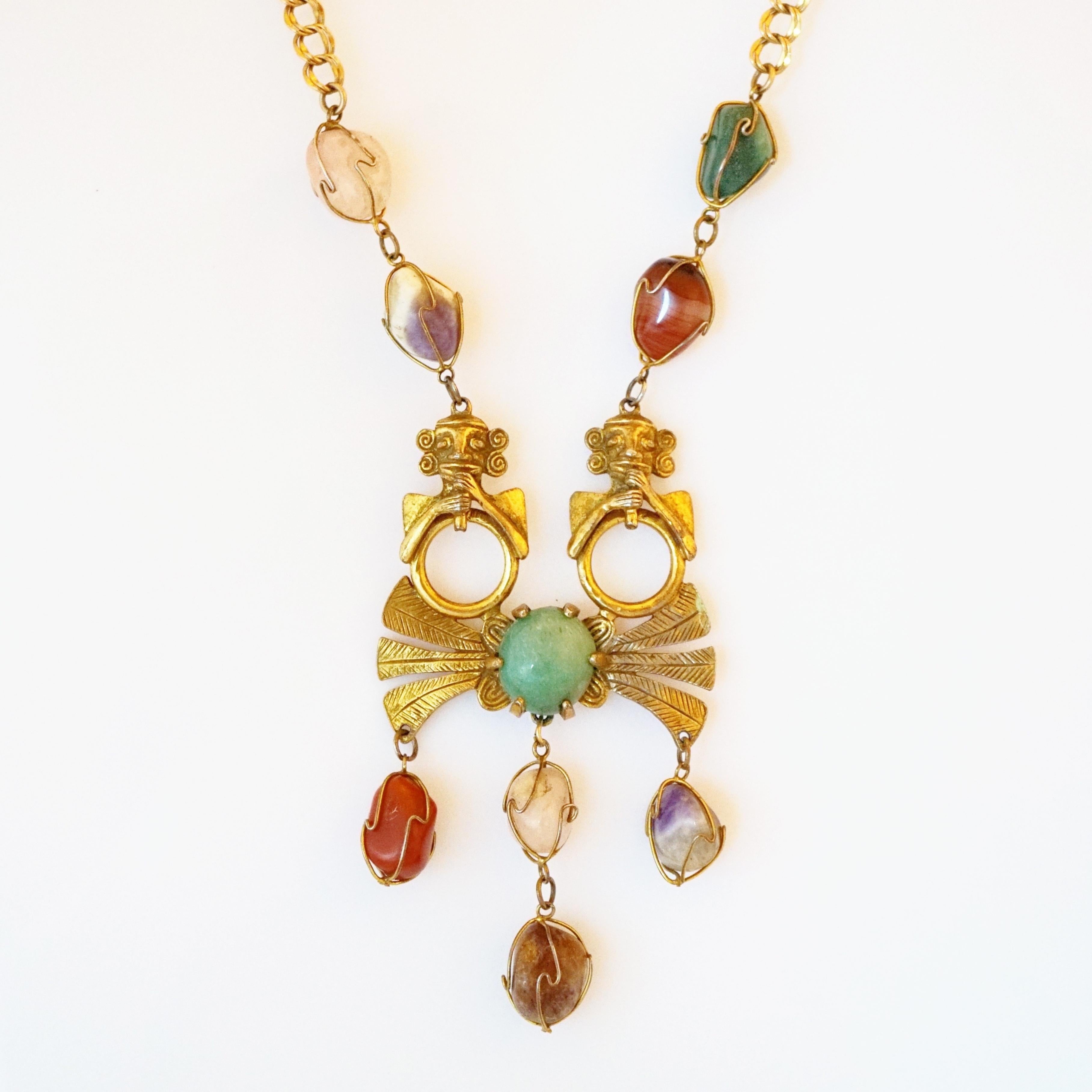 Modern Mayan Statement Necklace With Caged Gems By Larry Vrba For Castlecliff, 1970s For Sale