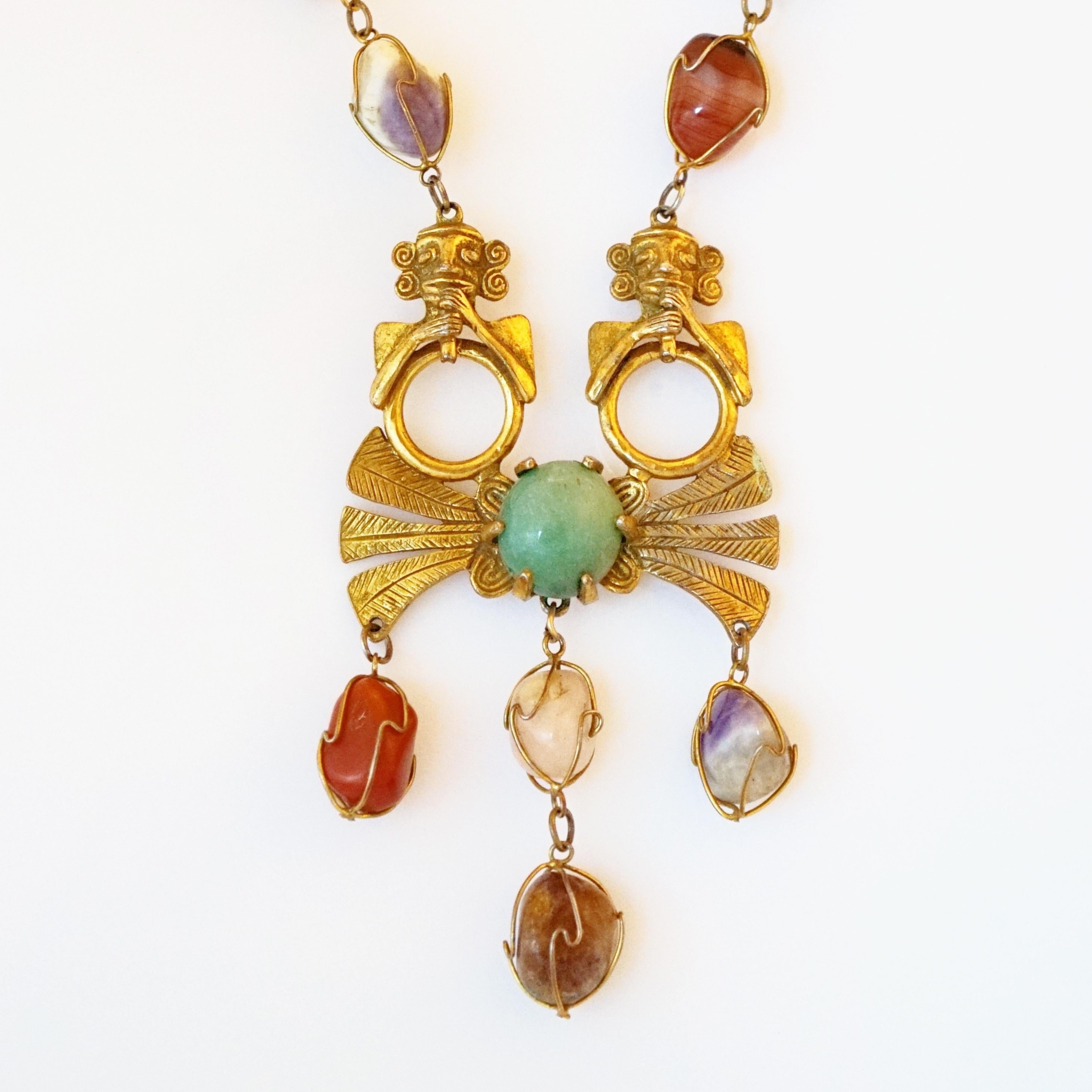 Mayan Statement Necklace With Caged Gems By Larry Vrba For Castlecliff, 1970s In Good Condition For Sale In McKinney, TX