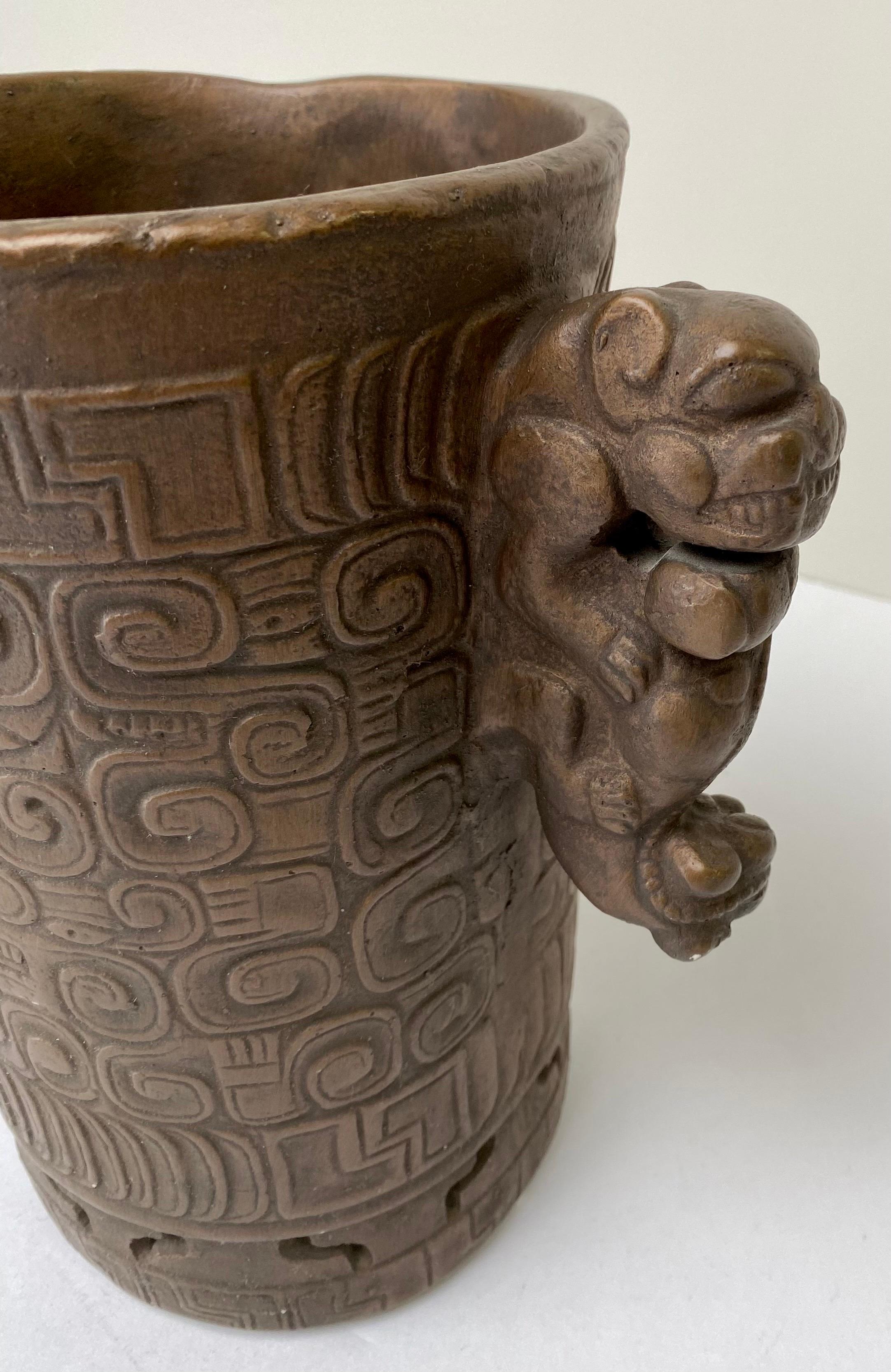 Mayan Style Bonze Carved Vase  In Good Condition For Sale In Plainview, NY