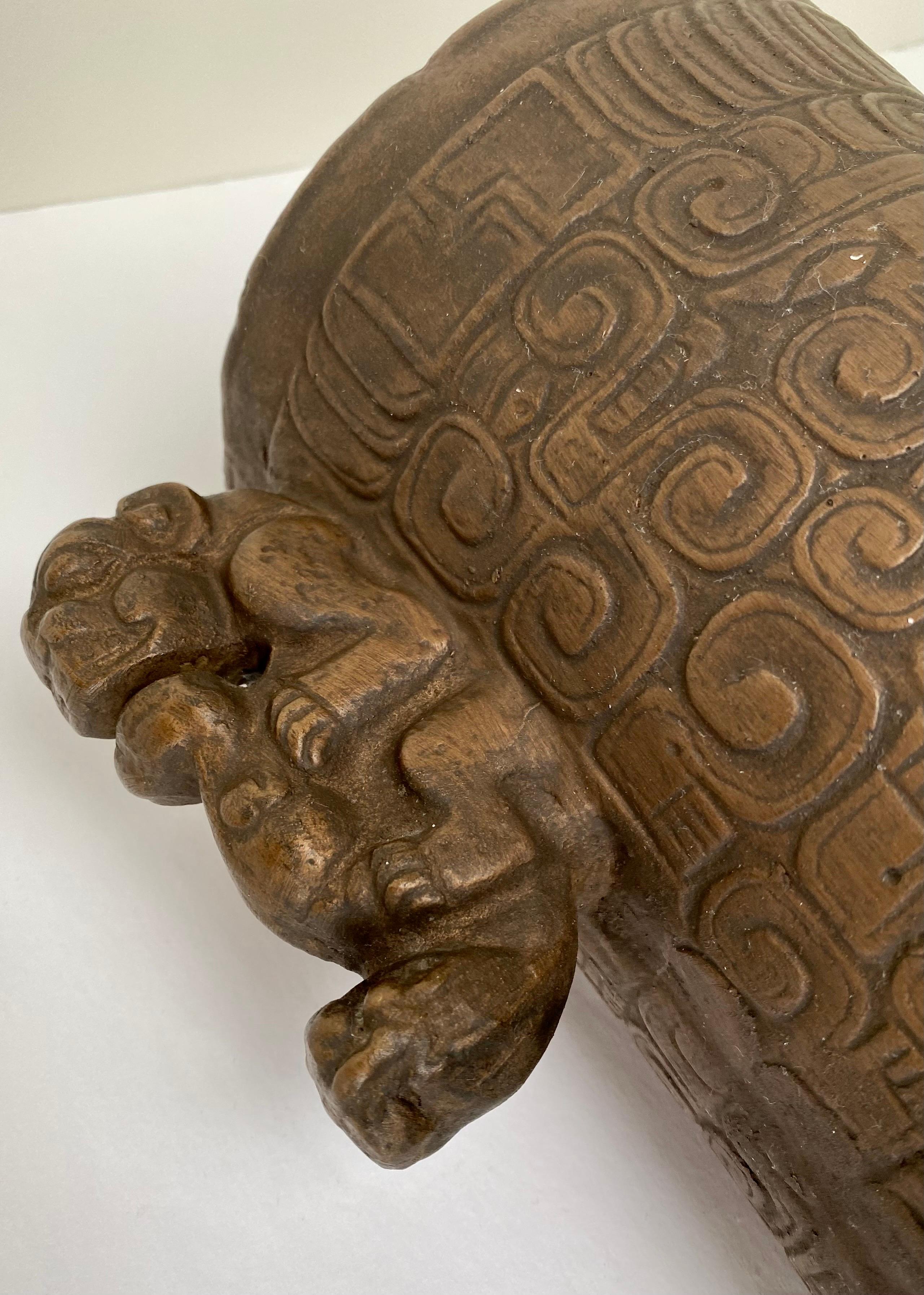 Mayan Style Hand Carved Bronzed Metal Finish Vase In Good Condition For Sale In Plainview, NY