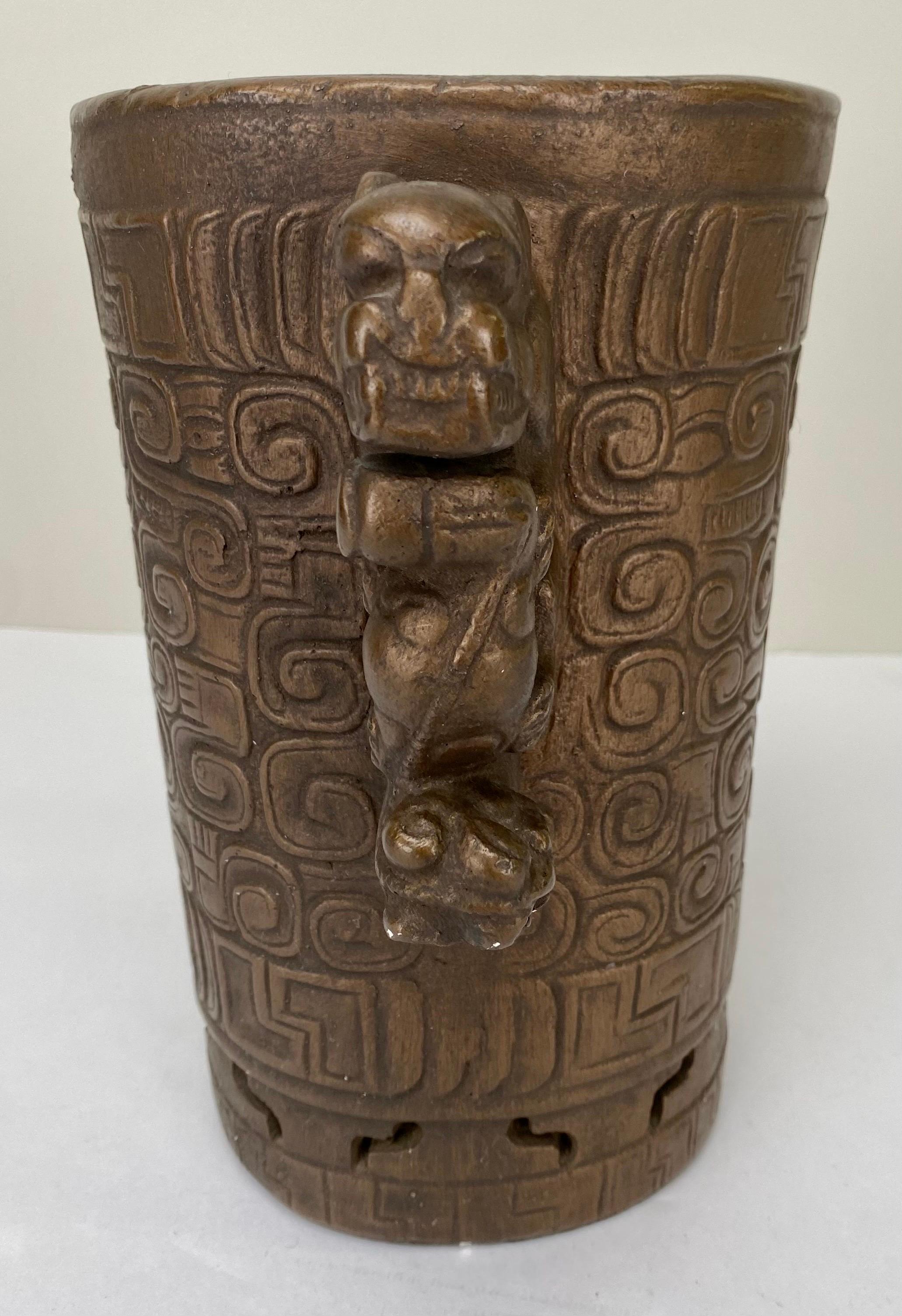 Mayan Style Bonze Carved Vase  For Sale 2