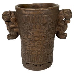 Vintage Mayan Style Bonze Carved Vase 
