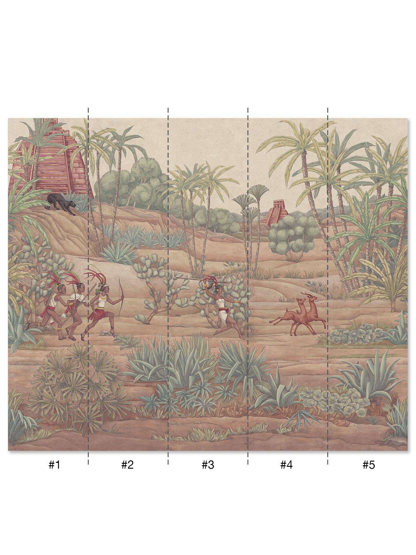 Mayana Oasis is an exotic mural depicting the ancient world of the Central Americas Mayan people. A group of hunters chase the game through the jungle and temples. This original mural was hand painted in the Art Deco style on panels of non-woven