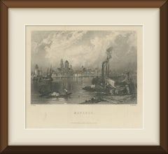Mayence (Mainz), Germany, Rhine River View, Antique Steel Engraving, circa 1865