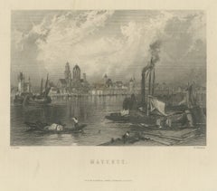 Mayence (Mainz), Germany, Rhine River View, Antique Steel Engraving, circa 1865