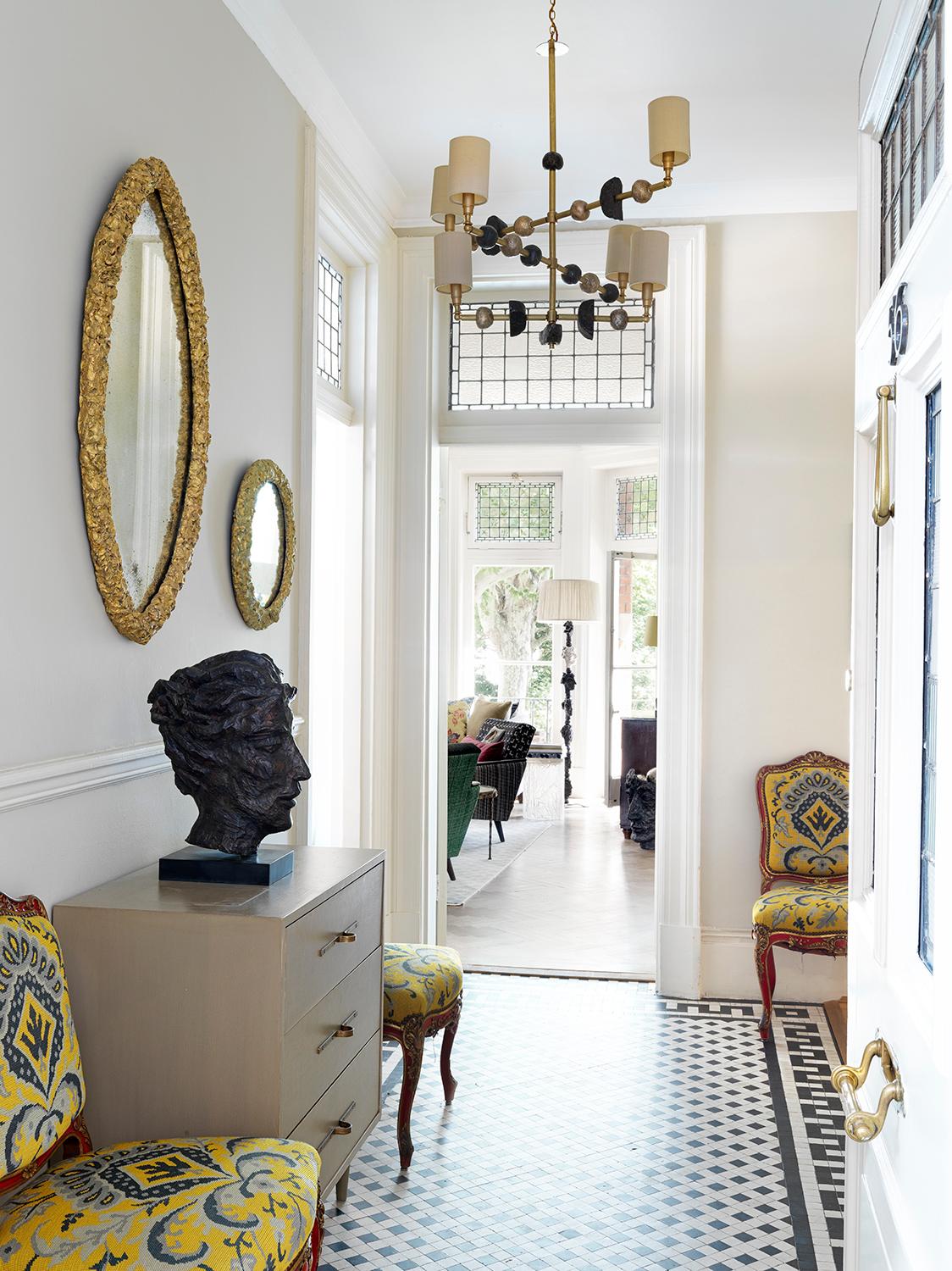 Patinated 'Mayfair' Contemporary Modern Chandelier, with White Sculpted Spheres For Sale