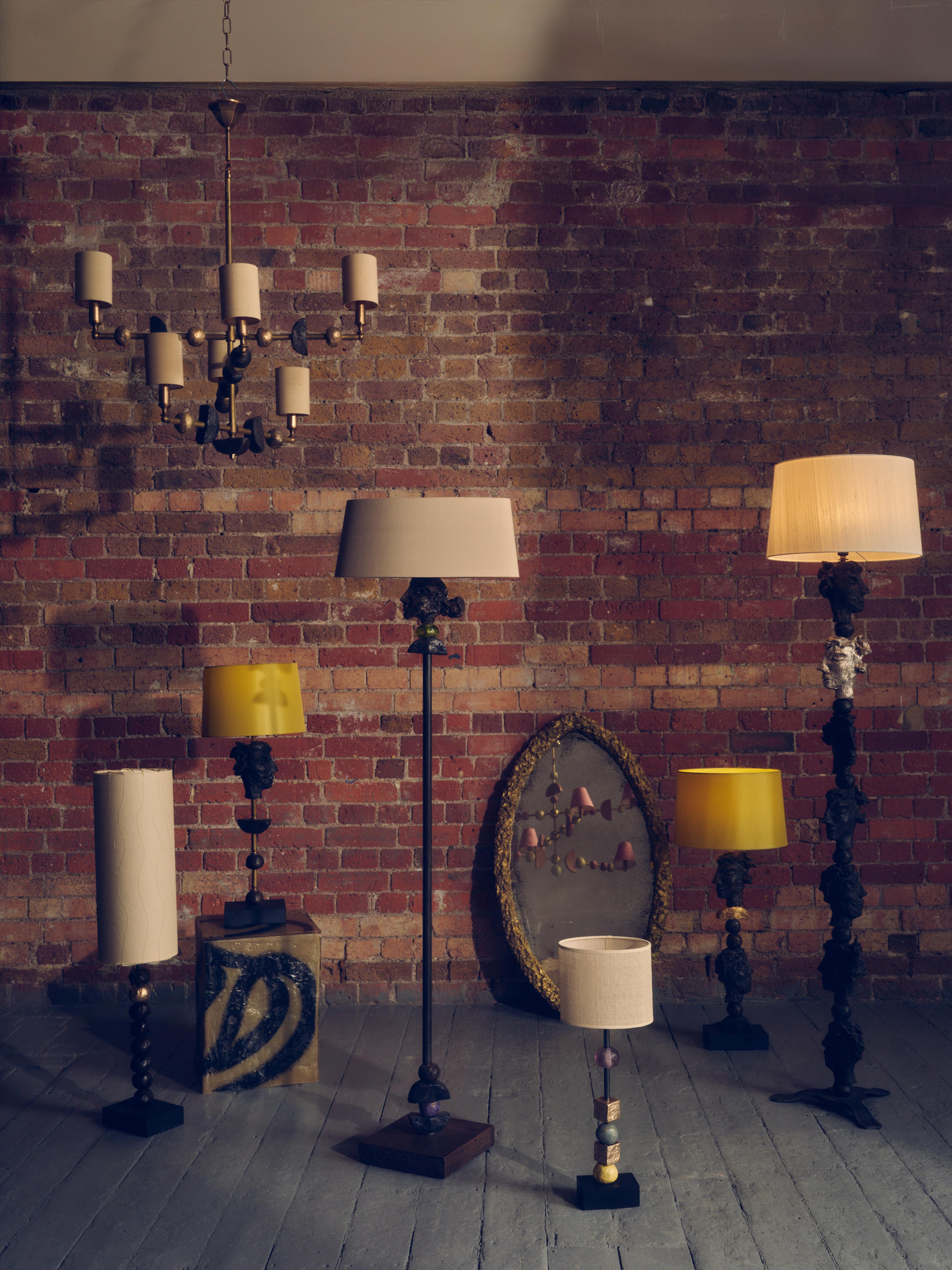 Brass 'Mayfair' Contemporary Modern Chandelier, with White Sculpted Spheres For Sale