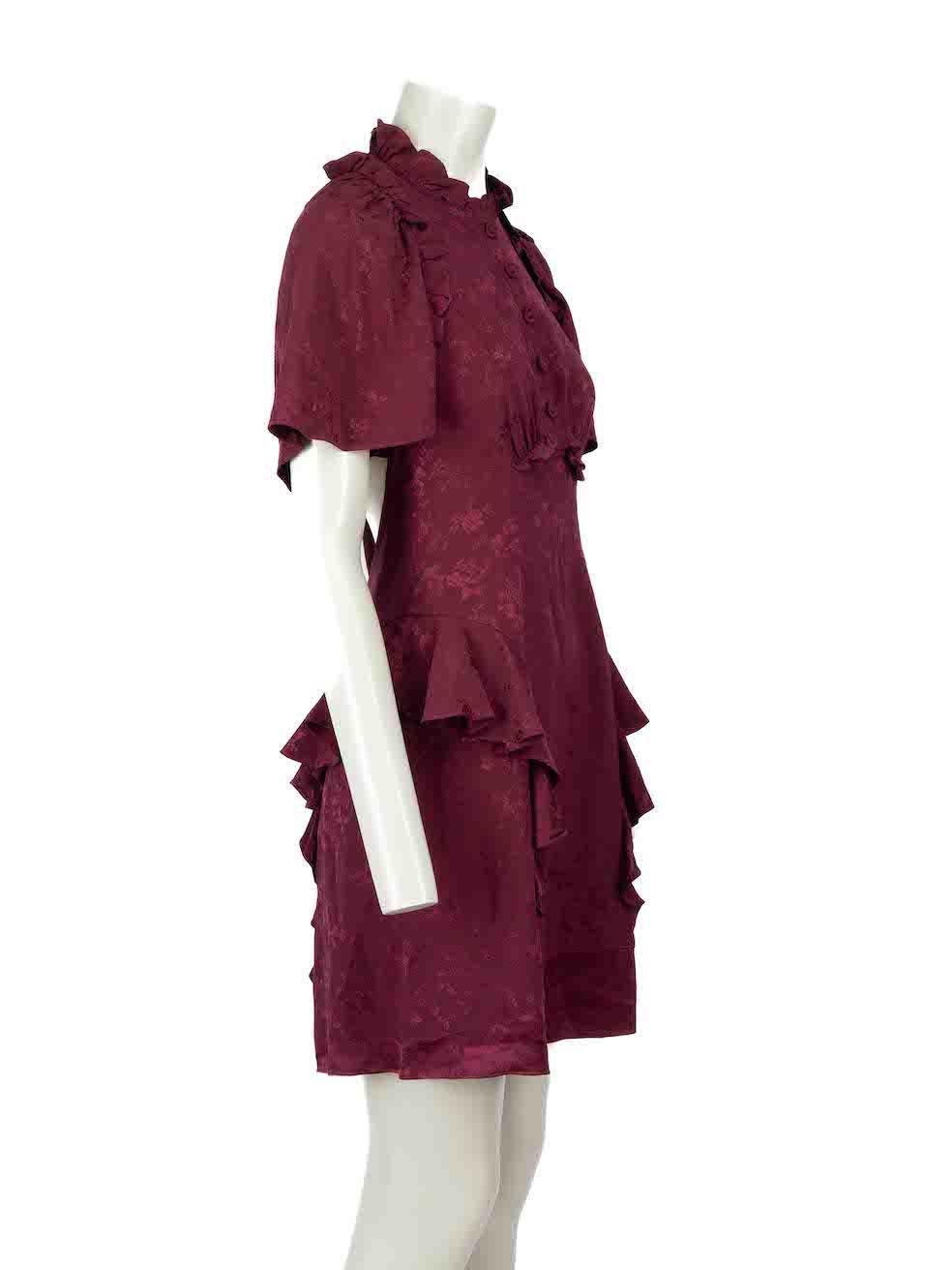 CONDITION is Never worn. No visible wear to dress is evident on this new Mayle designer resale item.

Details
Burgundy
Silk
Mini dress
Floral jacquard pattern
Round neckline
Open back
Front and back button up closure
Ruffles accent

Made in China