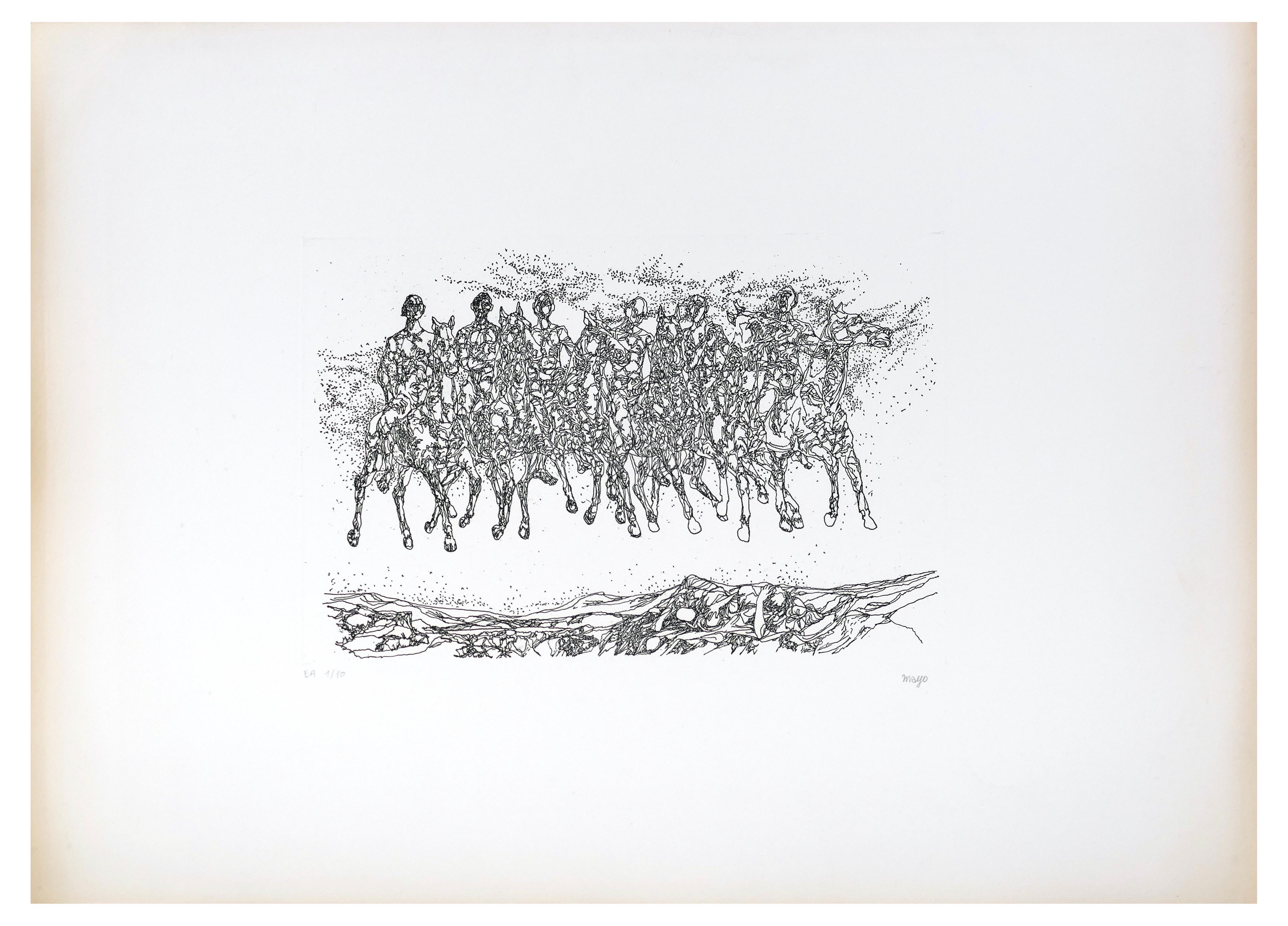 Groupe de Cavaliers - Original b/w Etching - Mid 1900 - Print by Mayo (Antoine Malliarakis)
