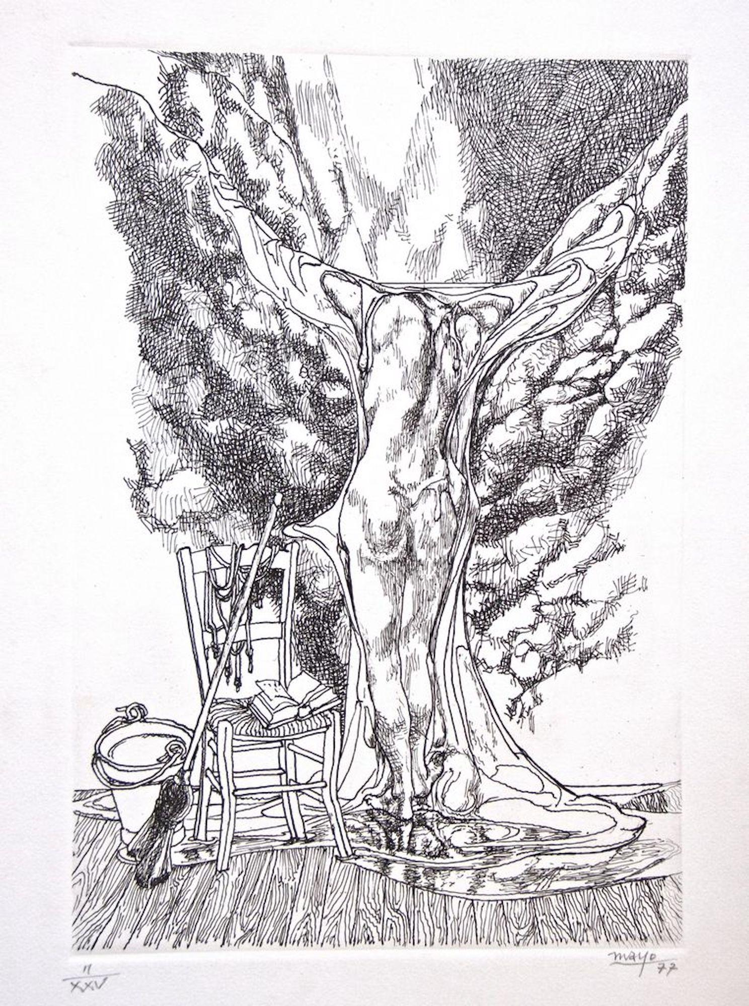 Mayo (Antoine Malliarakis) Print - Surrealist Nude - Original b/w Etching - 1977