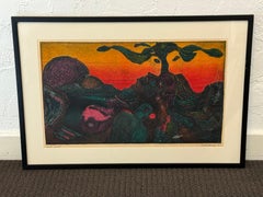 "Earth Spirits", Abstrait moderne à l'acrylique vert et orange de Mayo Beckford Young