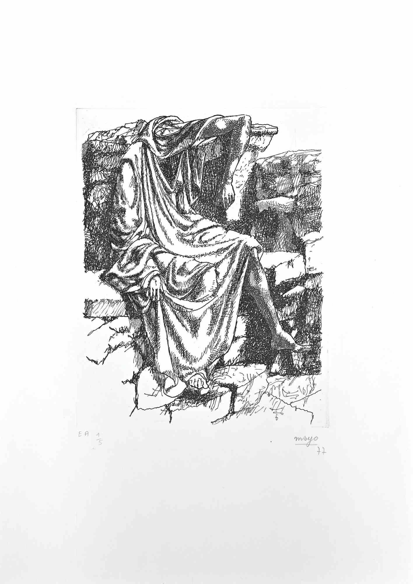 Personnage sans Tête  est une gravure originale en noir et blanc sur papier, réalisée par l'artiste Antoine Mayo , nom d'artiste de Malliarakis (1905-1990) en 1977.

Signé à la main au crayon dans la marge inférieure droite,  épreuve d'artiste,