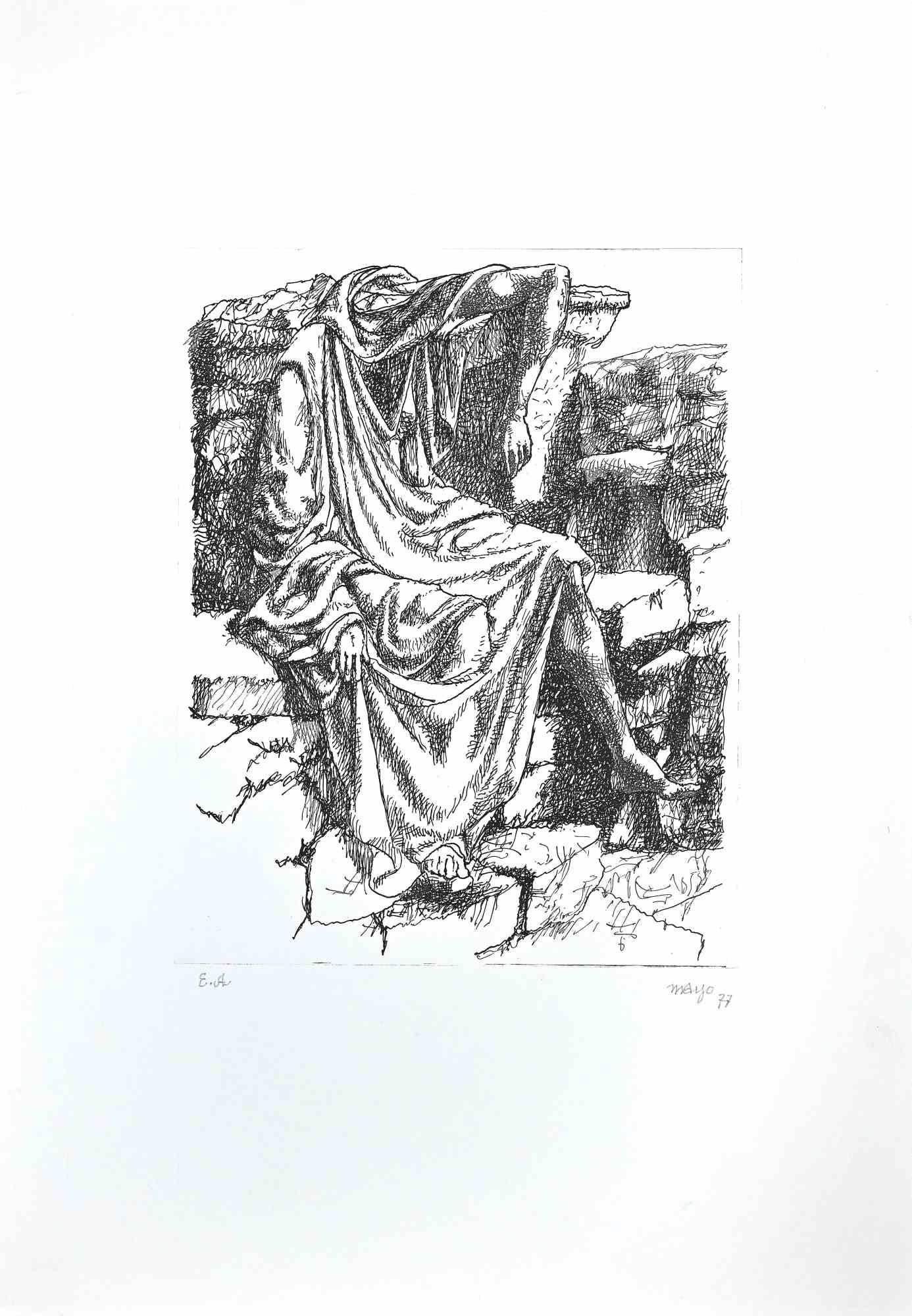 Personnage sans Tête  ist eine Original-Radierung in Schwarz-Weiß auf Papier, die der Künstler Antoine Mayo, Künstlername Malliarakis (1905-1990), 1977 geschaffen hat.

Handsigniert mit Bleistift am unteren rechten Rand,  künstlerexemplar, wie die