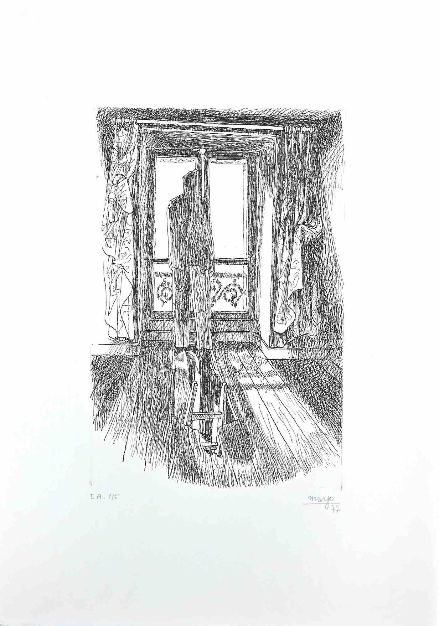 La Solitude est une gravure originale en noir et blanc sur papier, réalisée par l'artiste Antoine Mayo, nom d'artiste de Malliarakis (1905-1990) en 1977.

Signé au crayon dans la marge inférieure droite, comme le rapporte l'inscription au crayon