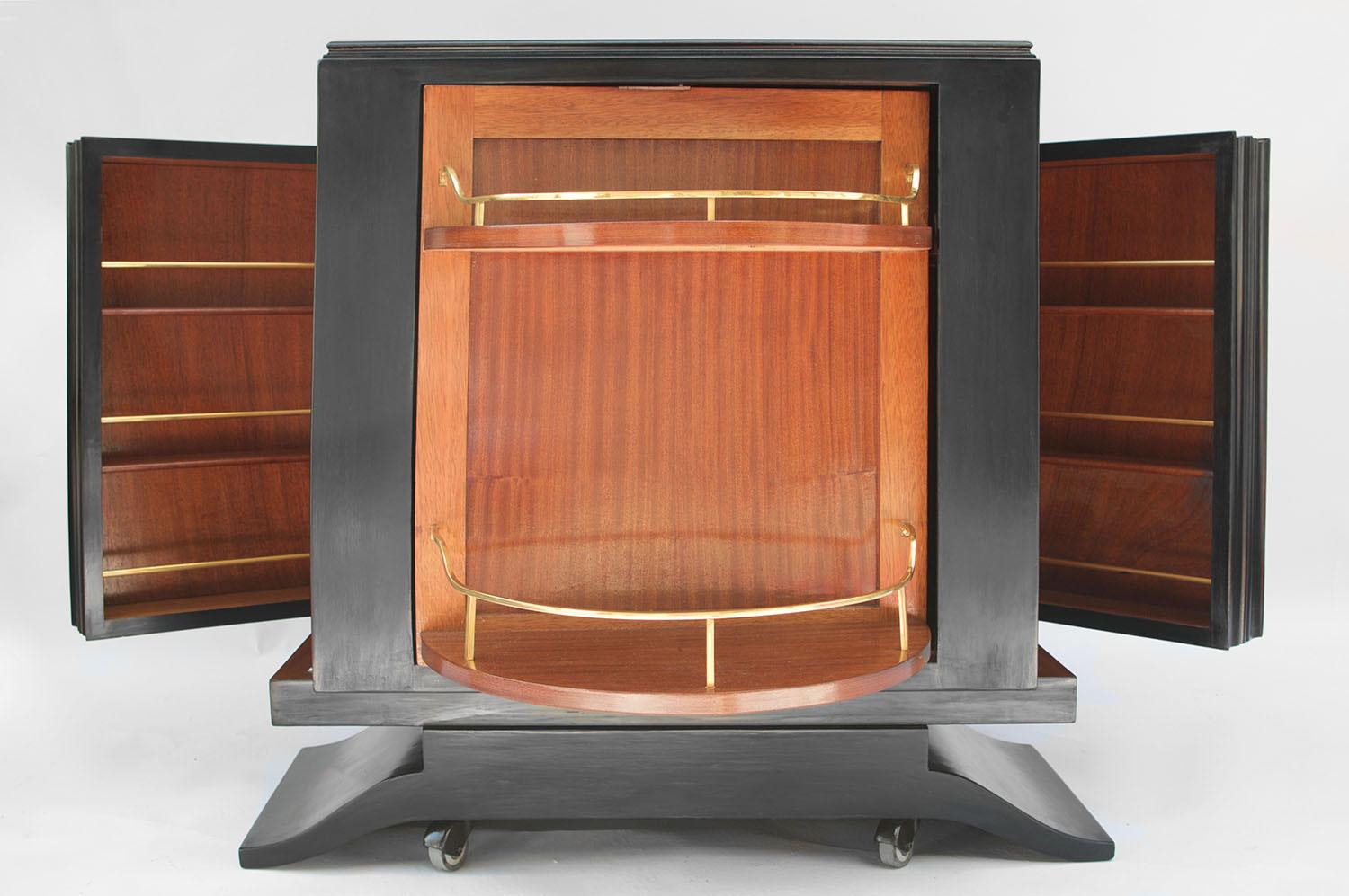 Art Deco Mayodon Attr., Black Lacquered Bar Sideboard with Ceramic Panels, Circa 1940