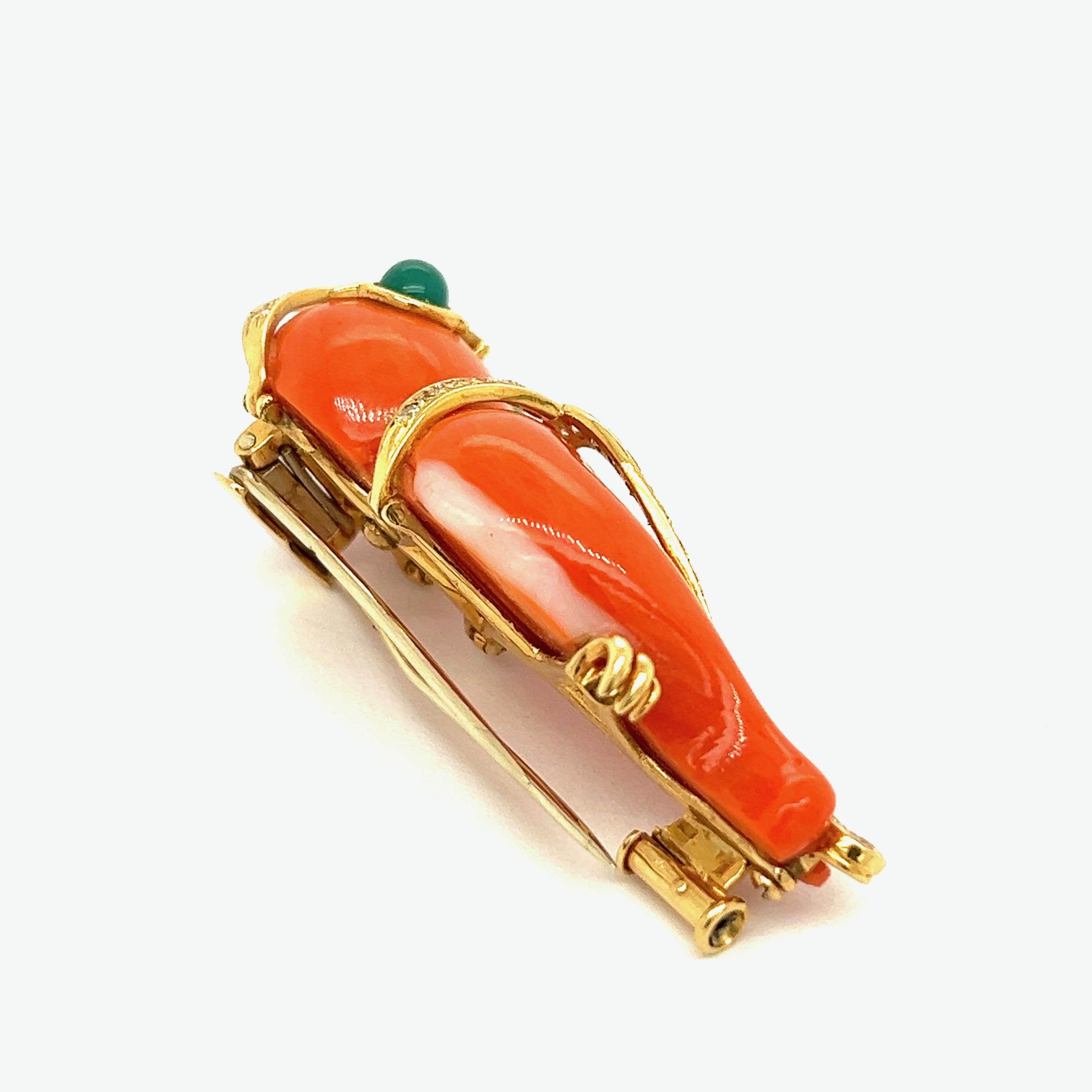 Mayor's Coral Diamond Green Carnelian Owl Brooch, French In Good Condition For Sale In New York, NY