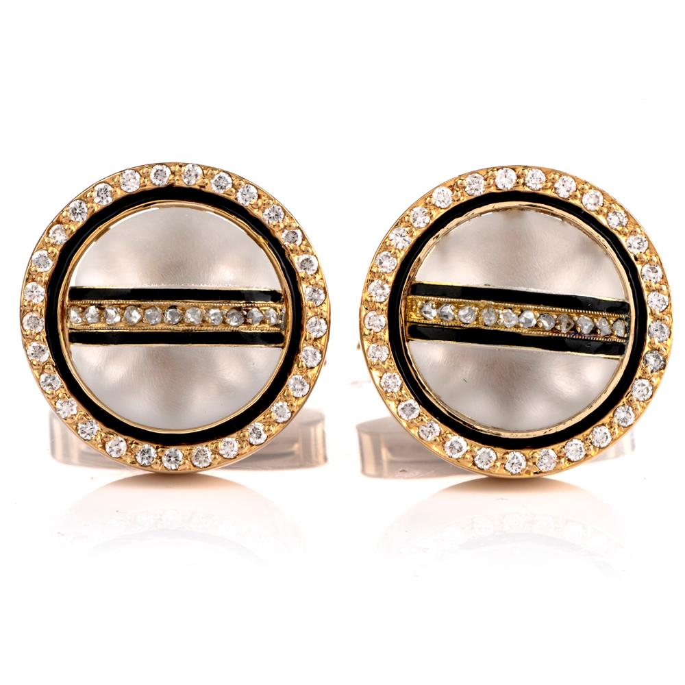  These stylish diamond and men's onyx cufflinks are crafted with 18-karat yellow gold, weighing 16 grams and measuring 19mm wide. Exposing a pair of circulargenuine Rock crystals surrounded by a halo of 62 prong-set,high quality round-cut  diamonds,