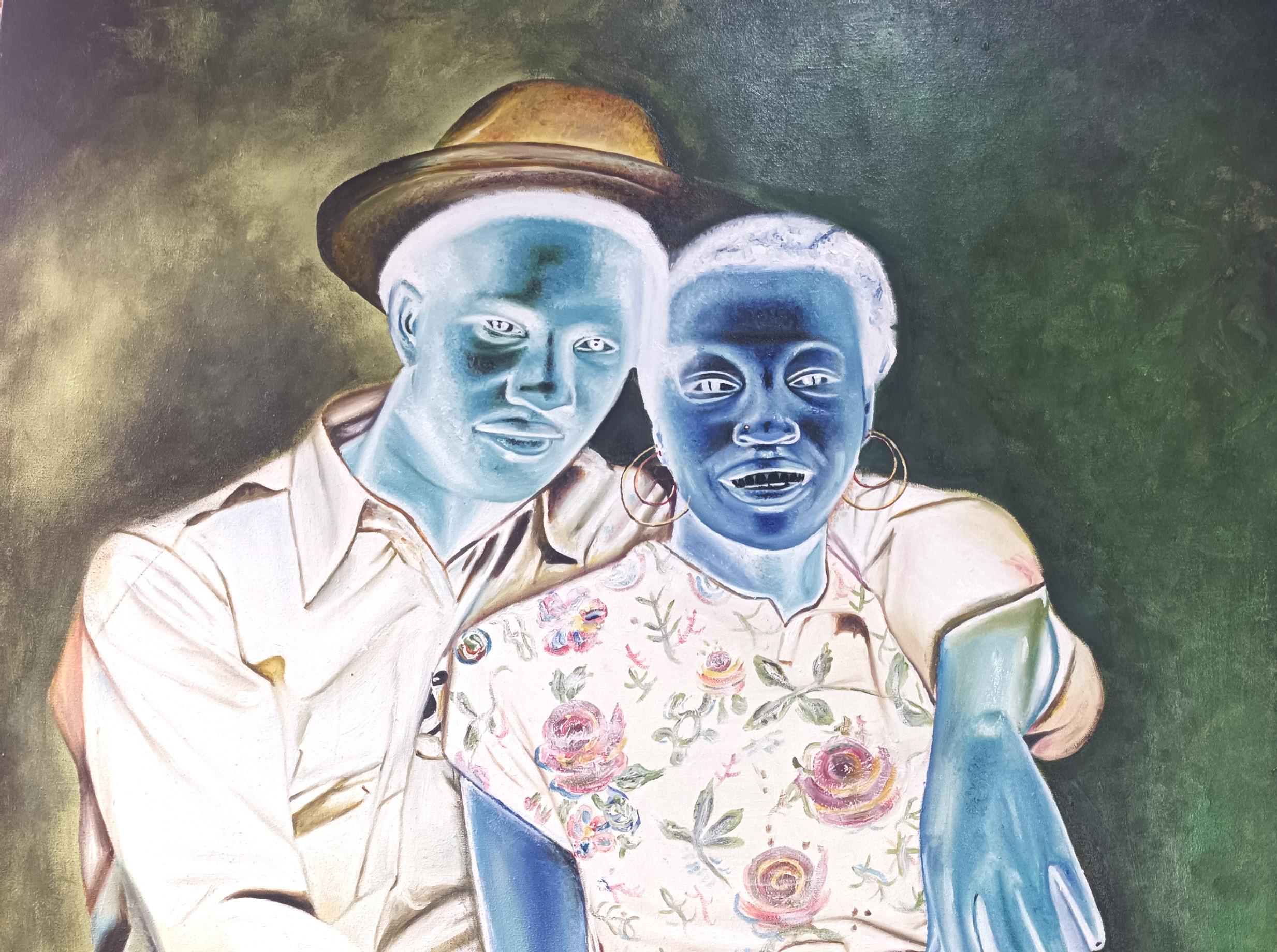 Good Old Soul Days - 21st Century, Contemporary, Figurative, Couple, Women, Men - Painting by Mayowa Adekile