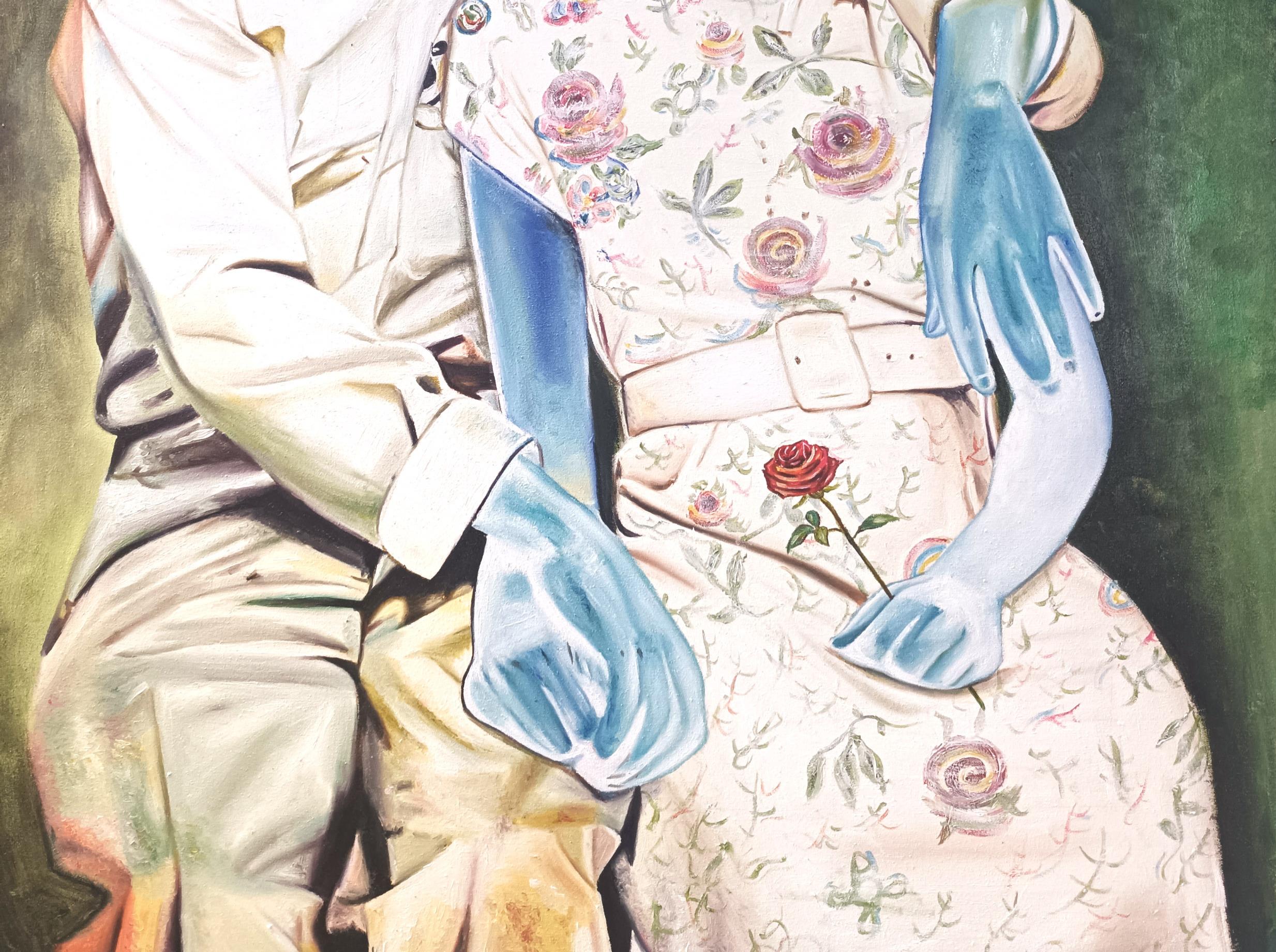 Good Old Soul Days - 21st Century, Contemporary, Figurative, Couple, Women, Men - Gray Portrait Painting by Mayowa Adekile