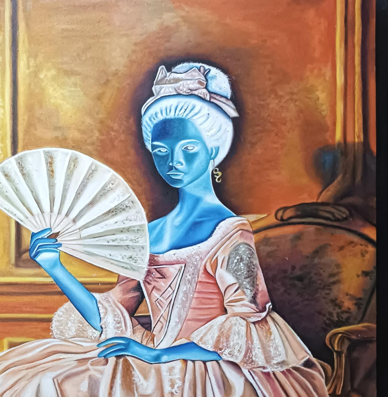 Alma de Lady Jane - Siglo XXI, Contemporáneo, Figurativo, Africano, Mujer, Gato - Portrait Painting Marrón de Mayowa Adekile