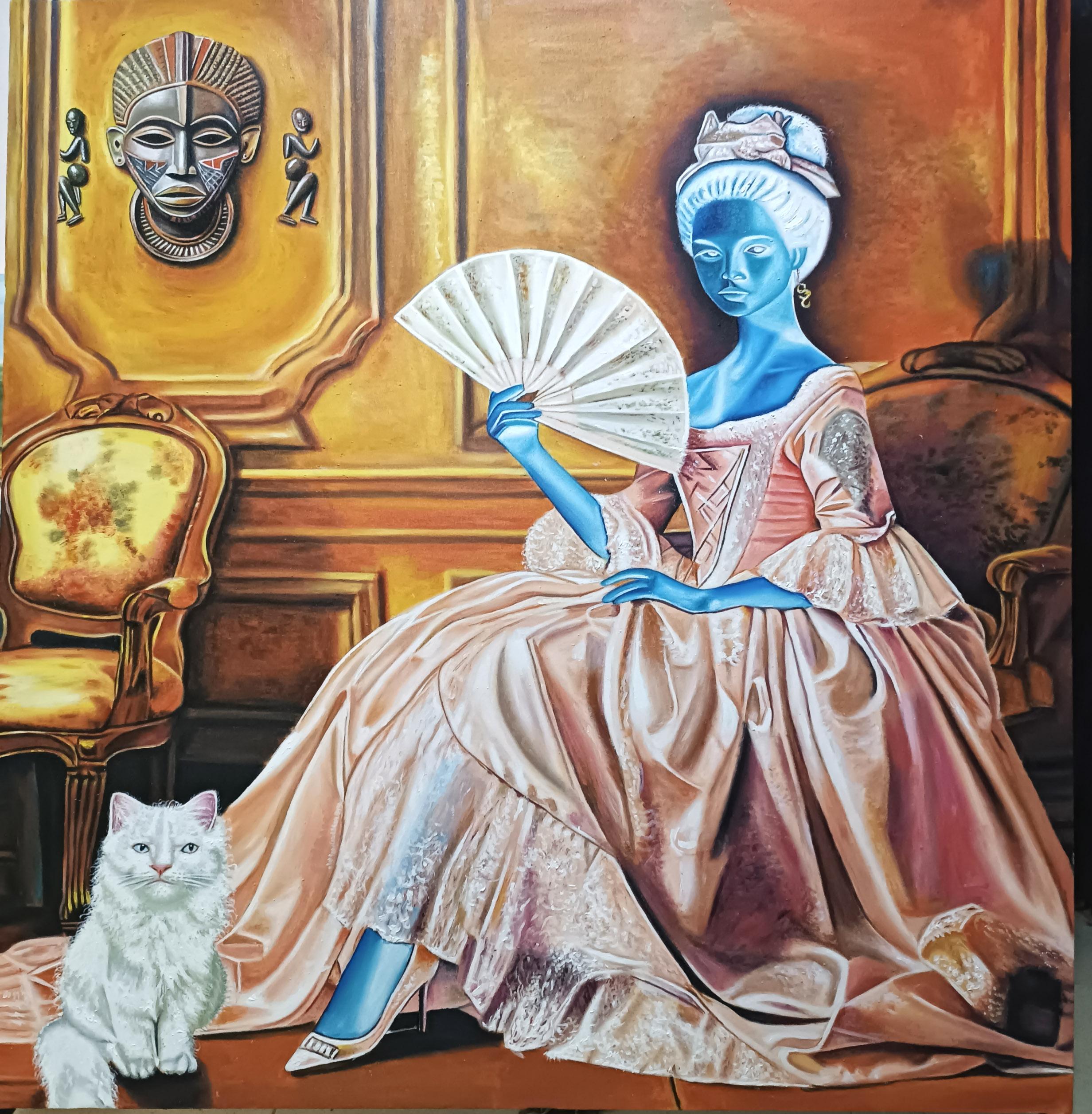 Portrait Painting de Mayowa Adekile - Alma de Lady Jane - Siglo XXI, Contemporáneo, Figurativo, Africano, Mujer, Gato