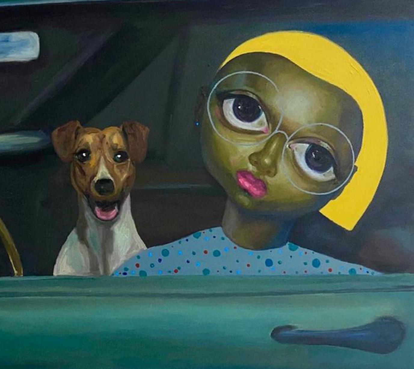 Aduke and Her Pet -21st Century, Contemporary, Figurative Painting, Women, Car 4