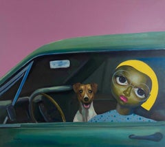 Aduke and Her Pet -21st Century, Contemporary, Figurative Painting, Women, Car