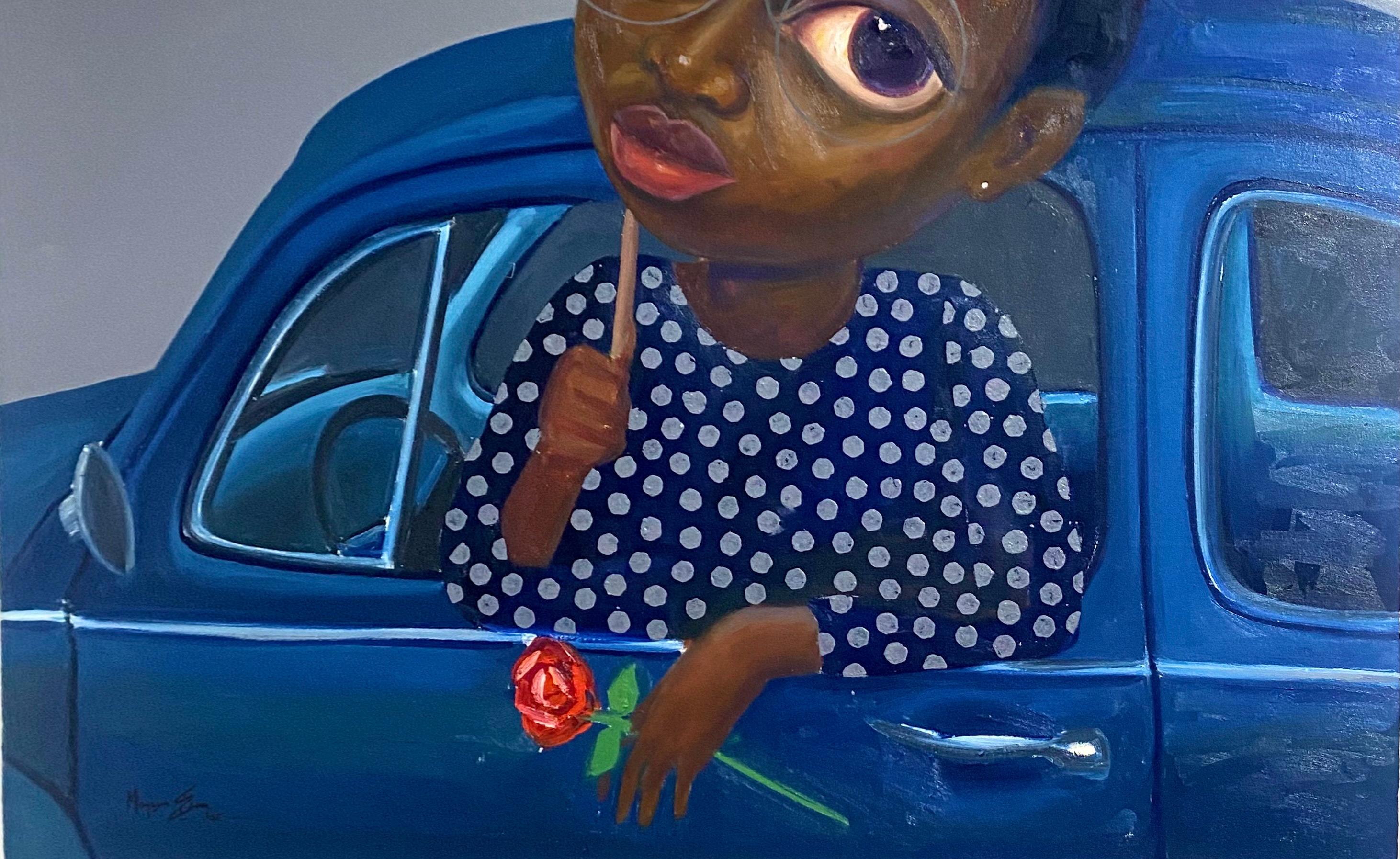 Come Shine -21. Jahrhundert, Zeitgenössisch, Figurativer Neo-Ausdruck, Auto, Regenschirm (Violett), Portrait Painting, von Mayowa Esan