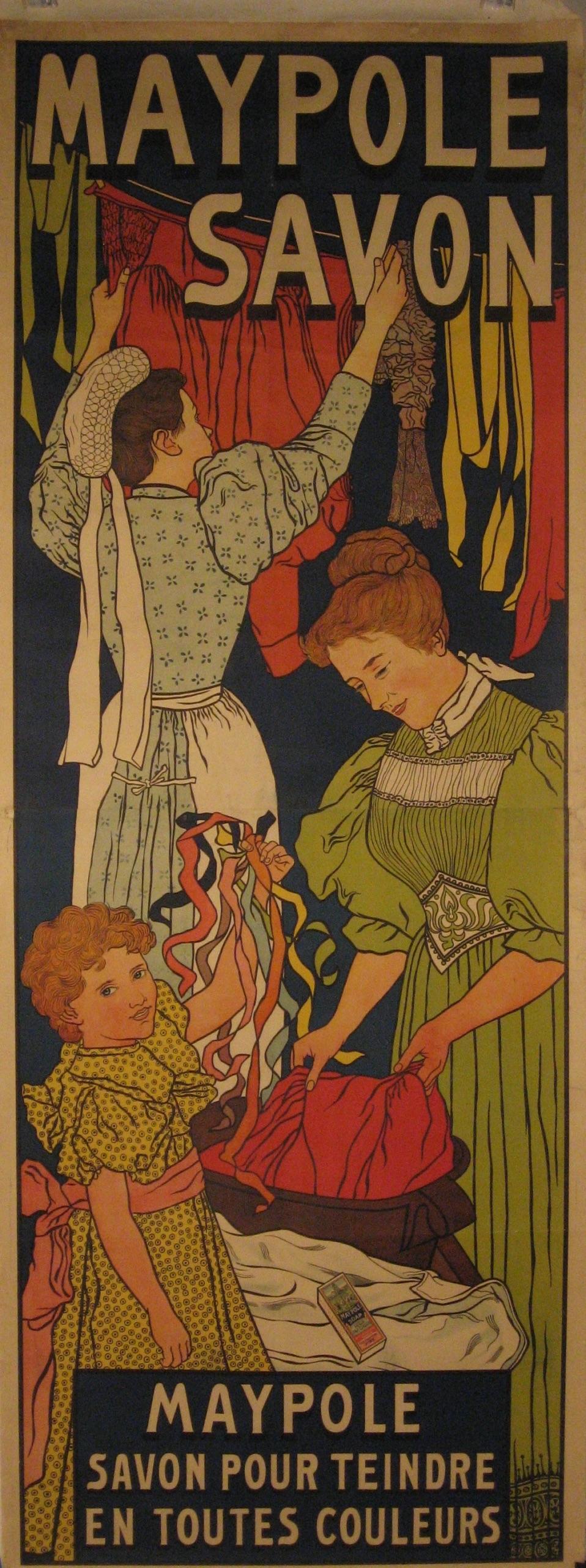 Artist: Johann Georg van Caspel (Dutch, 1870-1928)

Date of Origin: 1896

Medium: Original Offset  Lithograph Vintage Poster

Size: 30” x 82”

 

Oversized poster advertising Maypole Soap – a fabric dye that will color your clothing any shade of the