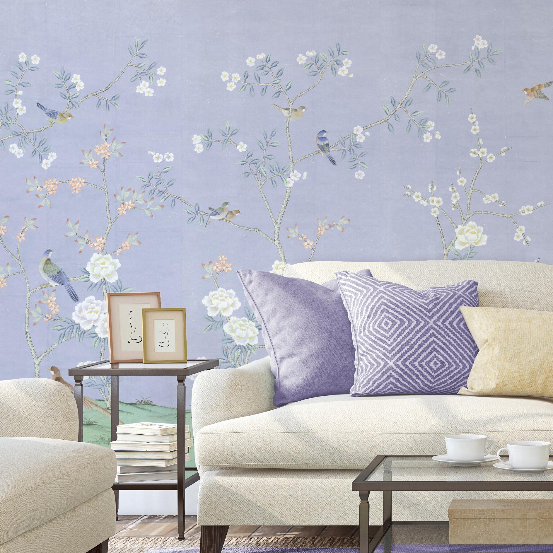 Maysong Hyacinth is a beautiful chinoiserie mural wallpaper with large white blooms on a soothing purple background. This design can add visual interest or color to any bedroom, living room, or any room in your apartment or home. This mural has 4