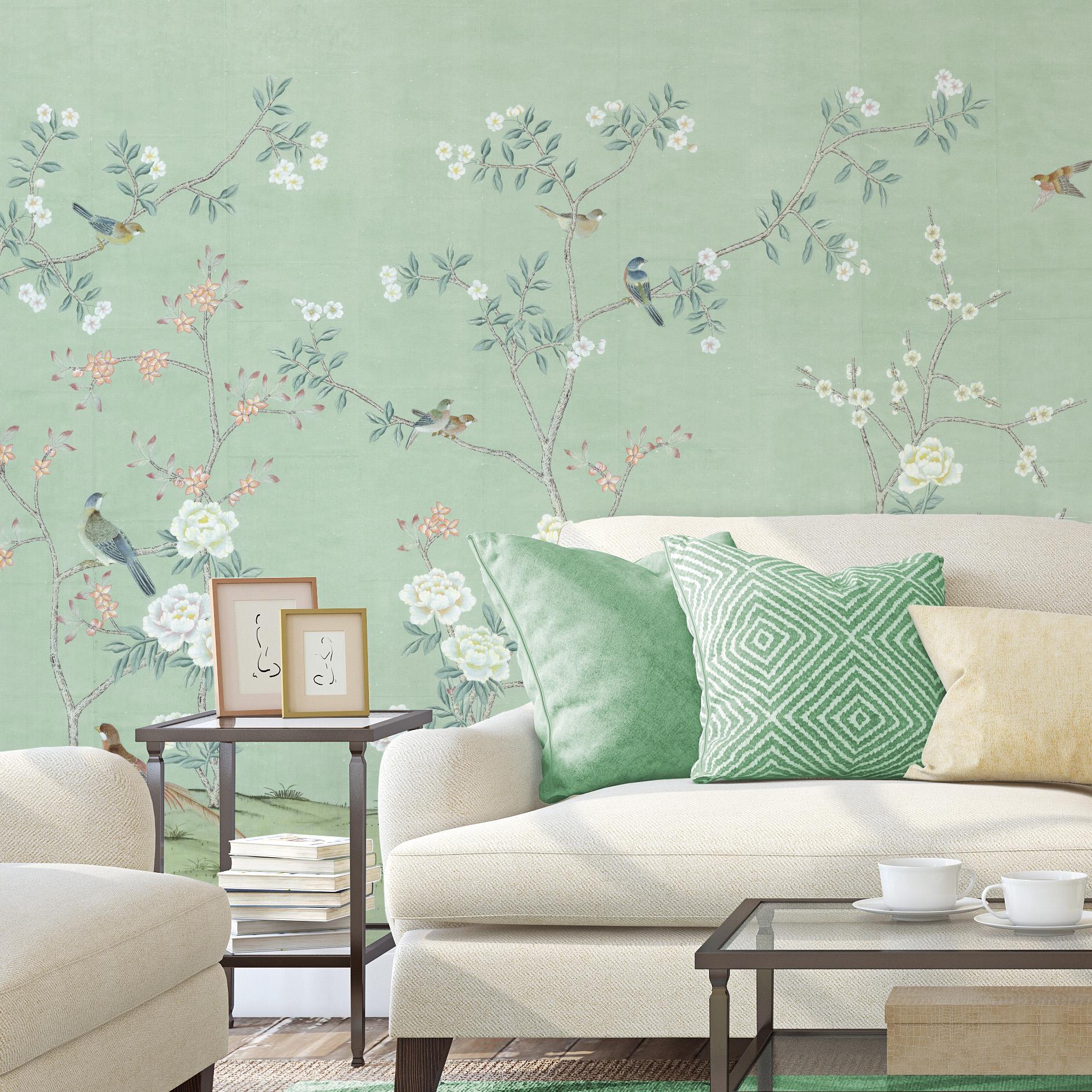 Maysong Sea Mist is a beautiful chinoiserie mural wallpaper with large white blooms on a striking green background. This design can add visual interest or color to any bedroom, living room, or any room in your apartment or home. This  mural has 4