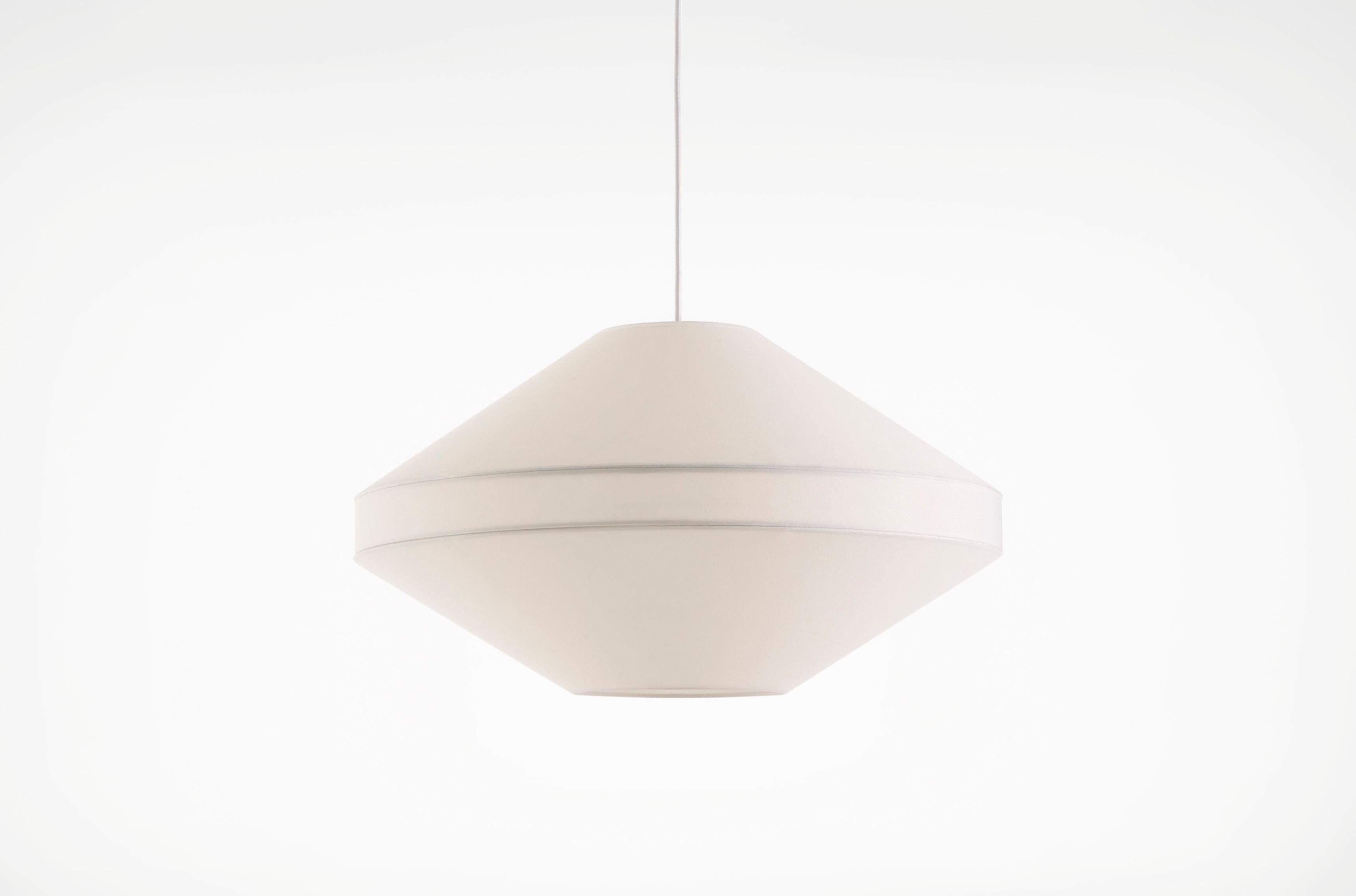 Mayu 02 Pendant Light by Coco Flip
Dimensions: D 60 x W 60 x H 34 cm
Materials: White mesh fabric on transparent backing. 
Weight: 2 kg

Standard fixtures included
Pendants:
1 x 80mm Ø ceiling canopy (white)
Black also available on request
2 metres