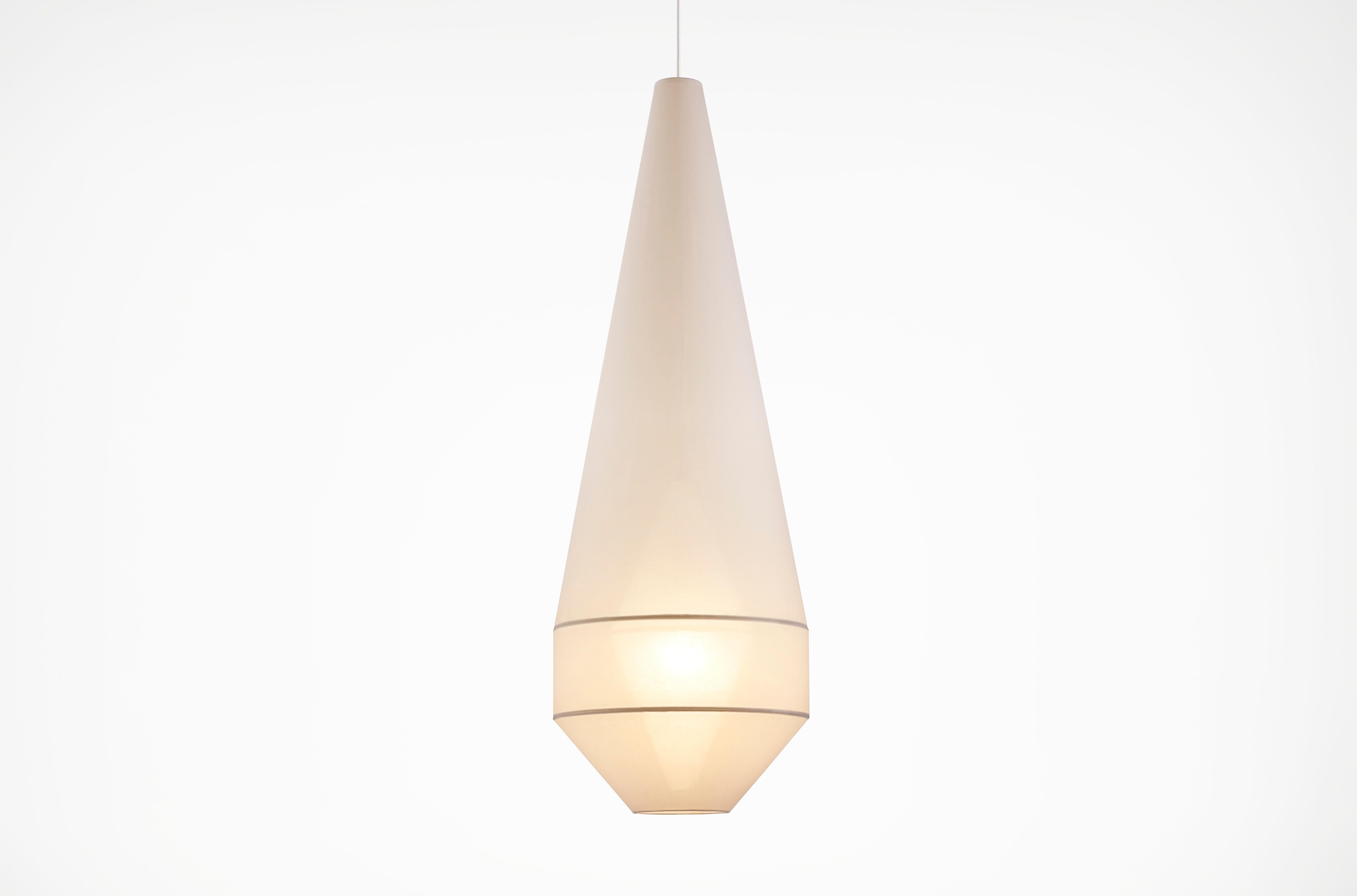 Mayu 03 Pendant Light by Coco Flip
Dimensions: D 40 x W 40 x H 120 cm
Materials: White mesh fabric on transparent backing. 
Weight: 2 kg

Standard fixtures included
Pendants:
1 x 80mm Ø ceiling canopy (white)
Black also available on request
2 metres