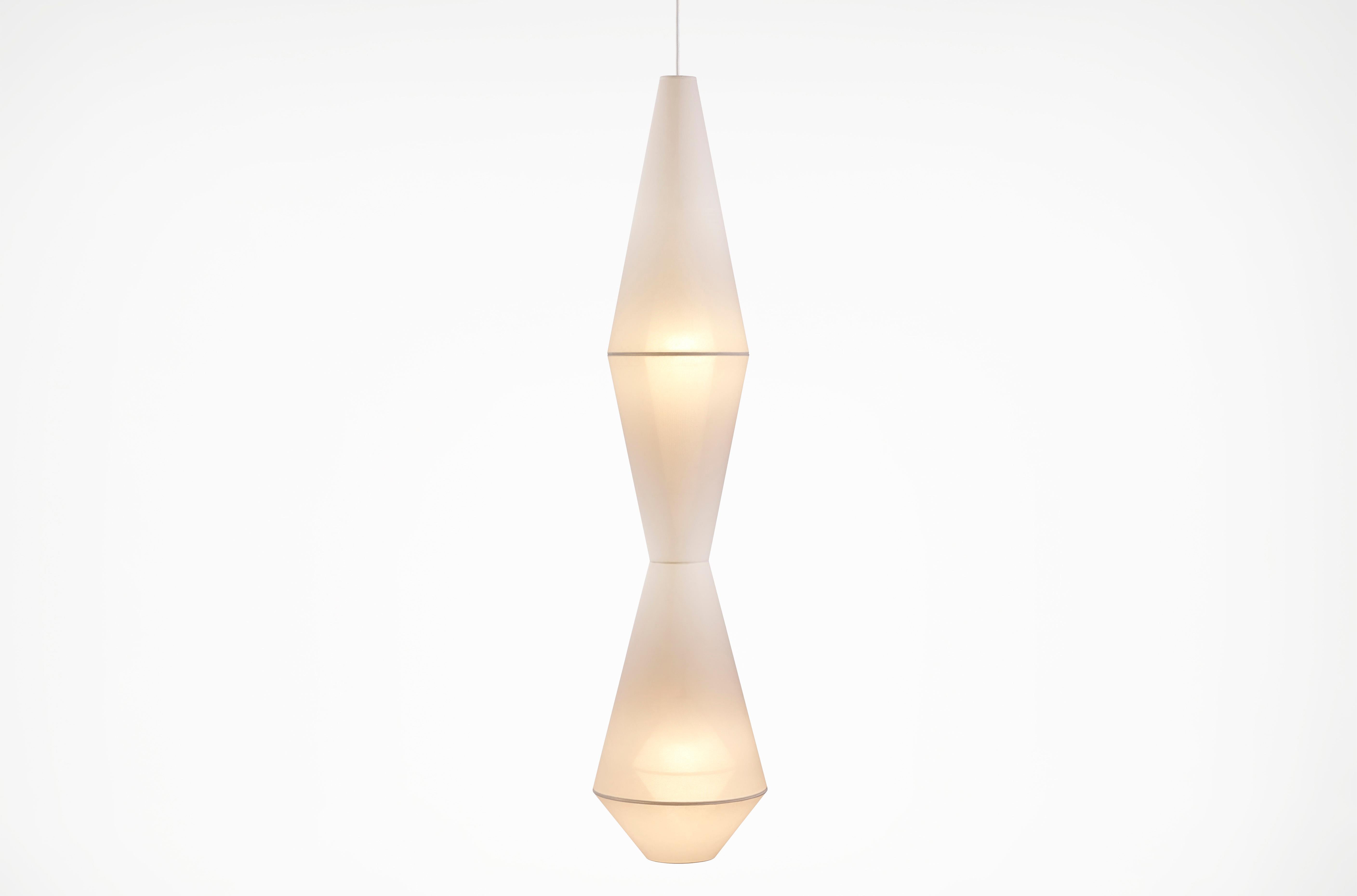 Mayu 04 Pendant Light by Coco Flip
Dimensions: D 38 x W 38 x H 170 cm
Materials: White mesh fabric on transparent backing. 
Weight: 2.2kg

Standard fixtures included
Pendants:
1 x 80mm Ø ceiling canopy (white)
Black also available on request
2