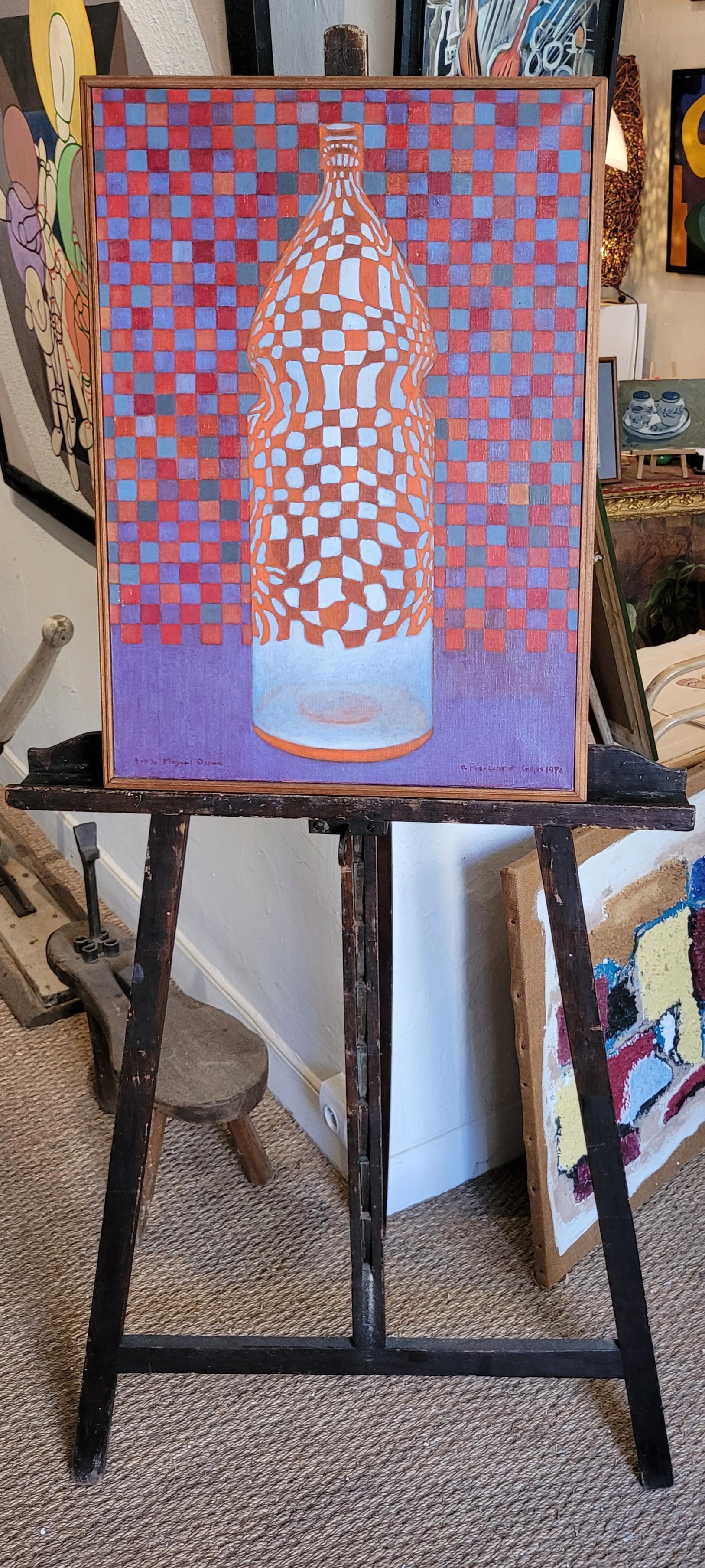 Still Life of a Bottle. Op Art. Acrylic on Canvas. For Sale 10