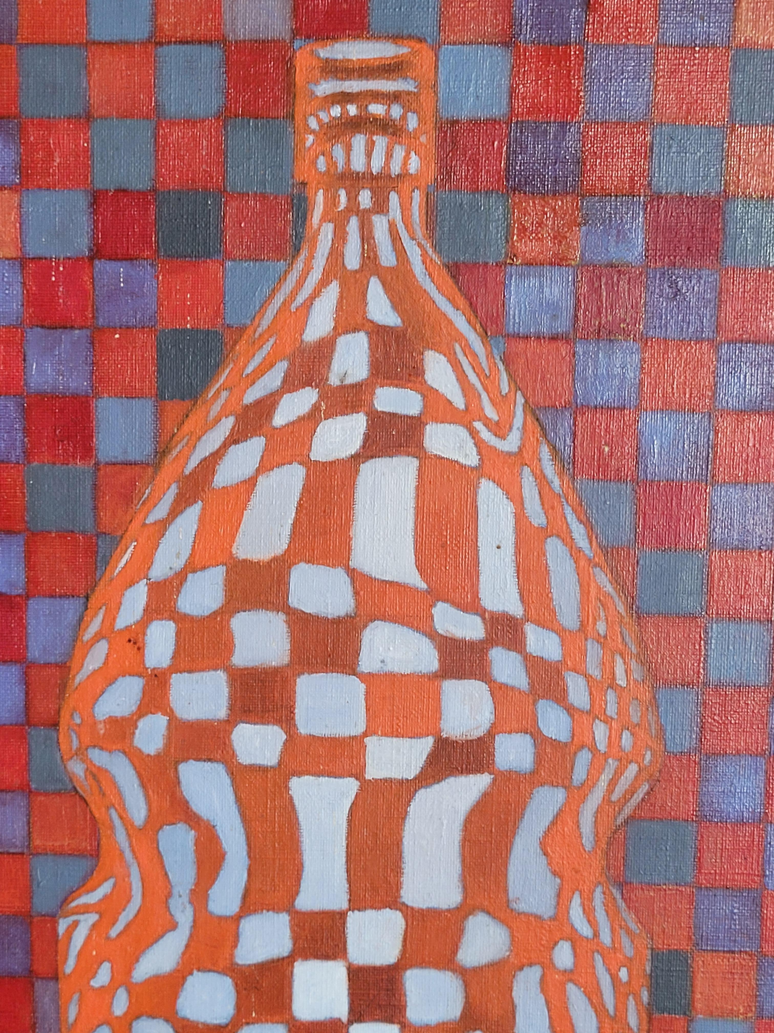 Still Life of a Bottle. Op Art. Acrylic on Canvas. - Brown Abstract Painting by Mayumi Ozawa
