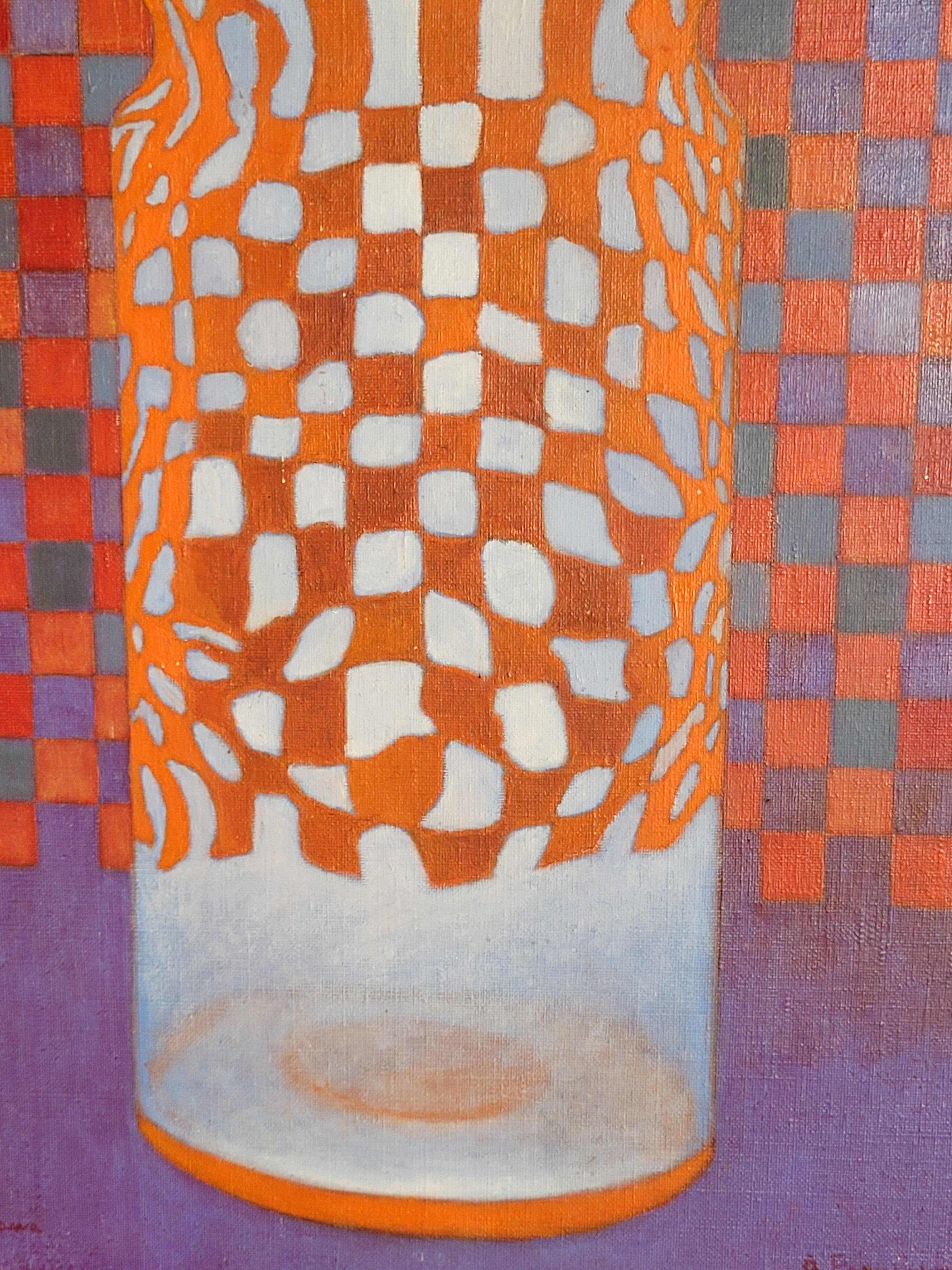 Late mid-century acrylic on canvas, still life of a bottle by Japanese artist Mayumi Ozawa. Signed bottom centre with dedication and date to the bottom right.

This vibrant artwork presents a fascinating interplay of geometric patterns and optical