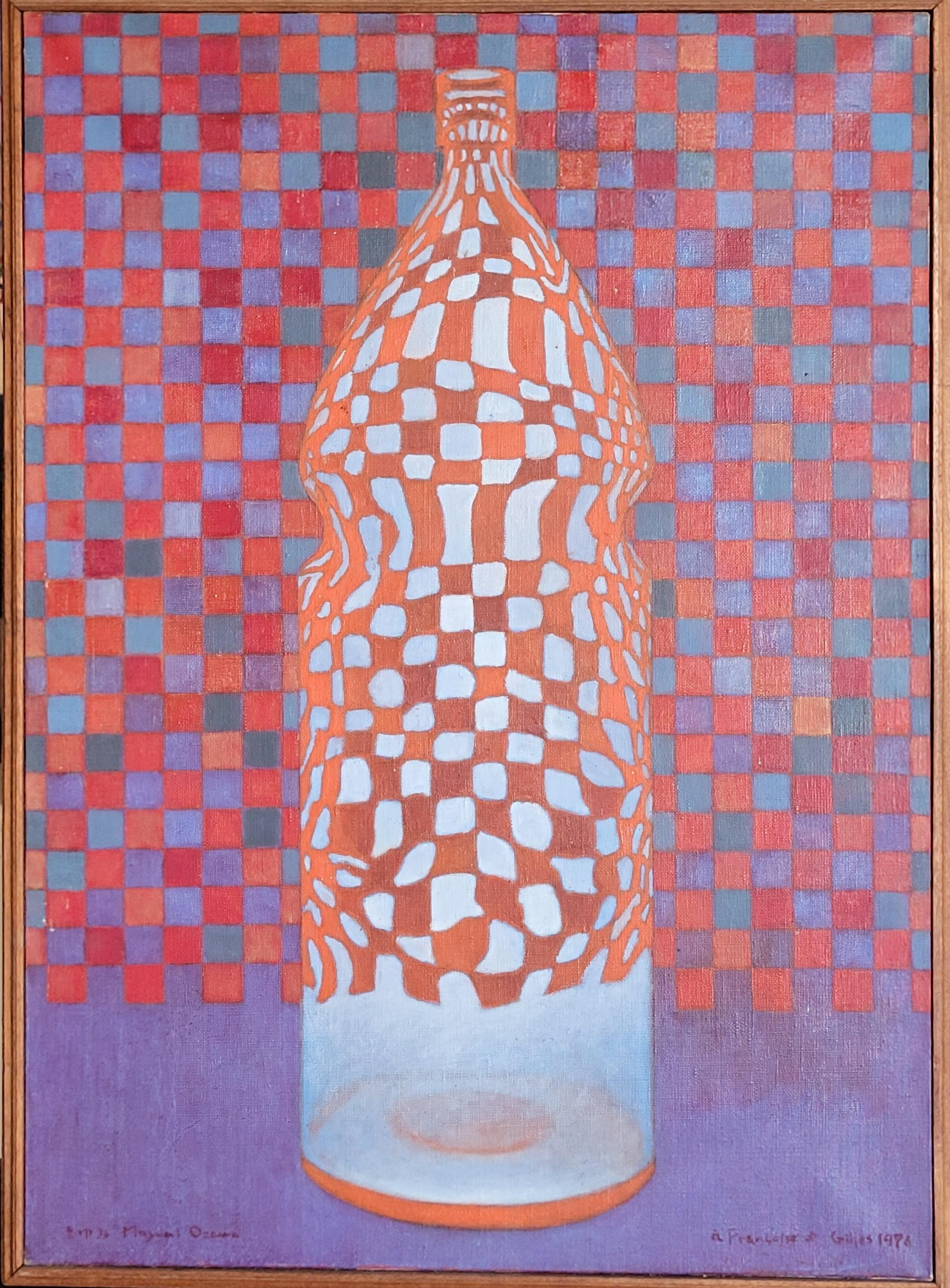 Mayumi Ozawa Abstract Painting - Still Life of a Bottle. Op Art. Acrylic on Canvas.