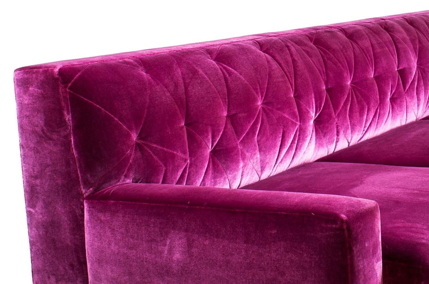 Mayweather Sofa with Tufted Back, Nickel Legs in Fuchsia Pink Silk Velvet,  COM For Sale at 1stDibs