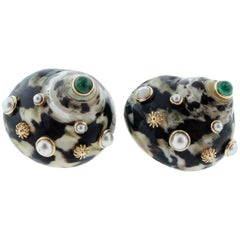 Maz 14 Karat Yellow Gold Natural Seashell Earrings with Pearls and Emerald