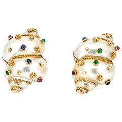 MAZ 14 Karat Yellow Gold Sapphire Ruby Emerald Shell Clip-On Earrings