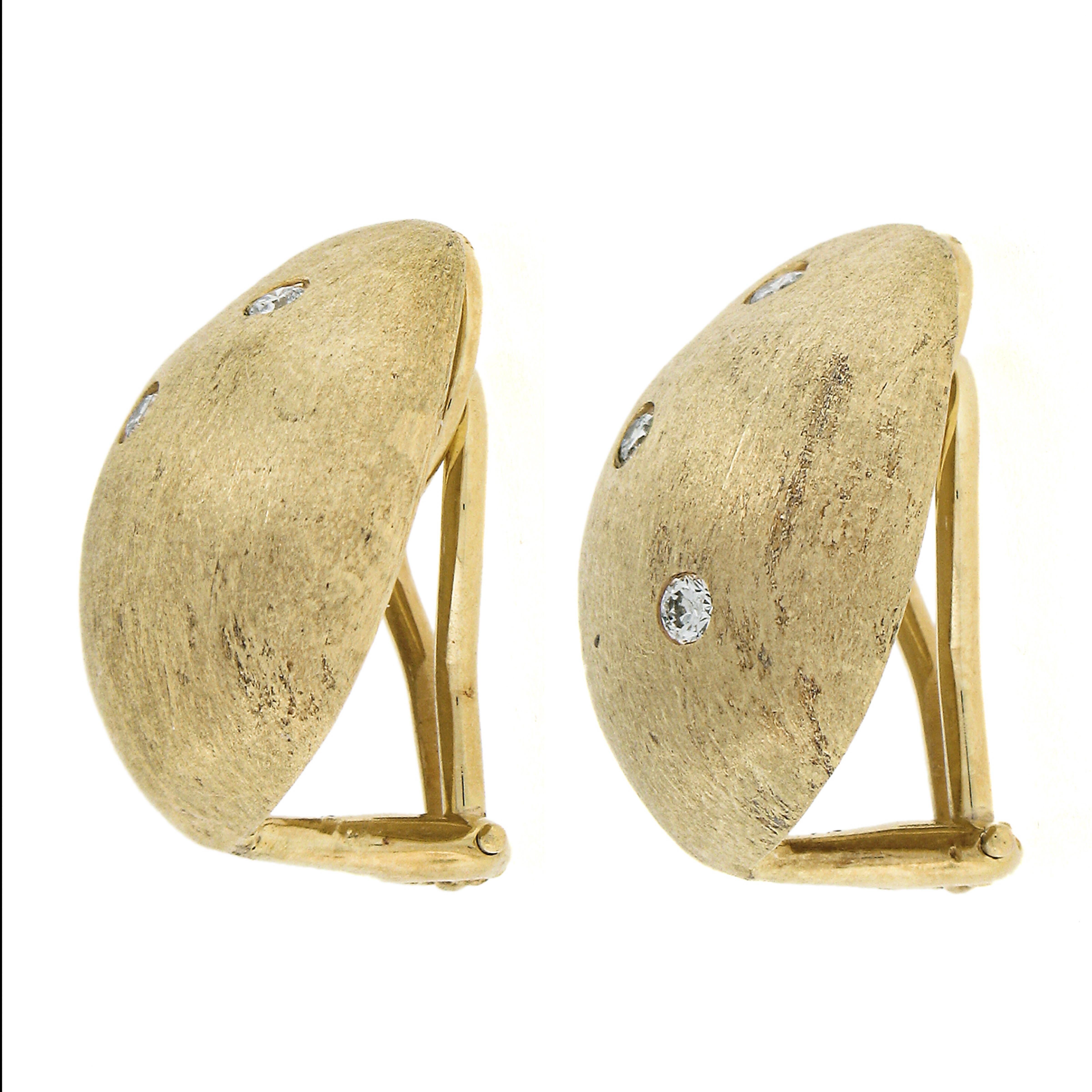 Round Cut MAZ 14k Gold 0.16ctw Flush Diamond Brush Matte Dome Button Clip On Earrings For Sale
