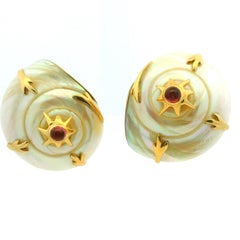 MAZ 14K Gold Carved Conch Shell Pink Tourmaline Earrings