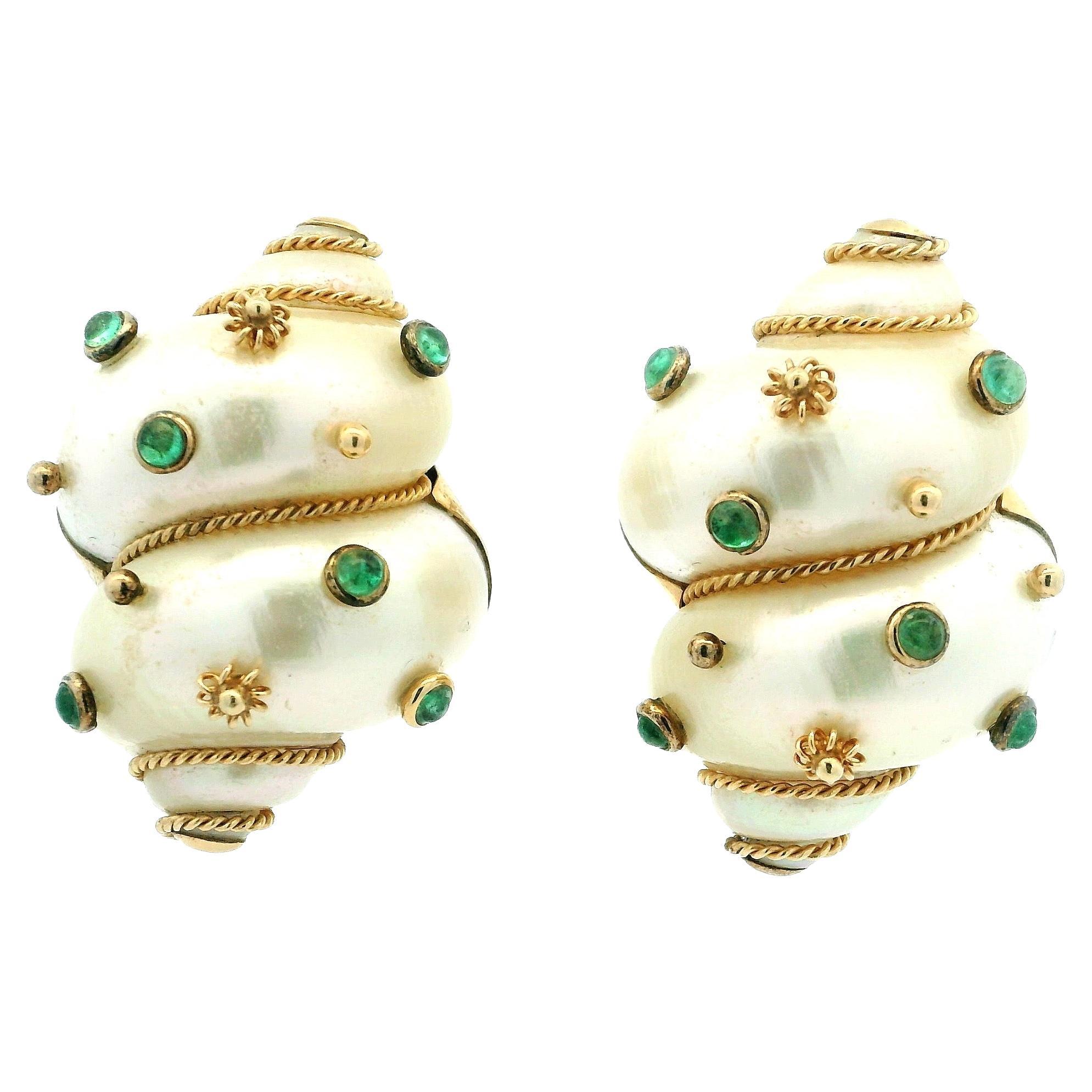 MAZ 14K Gold Turbo Shell and Emerald Modernist Earrings, c.1970s