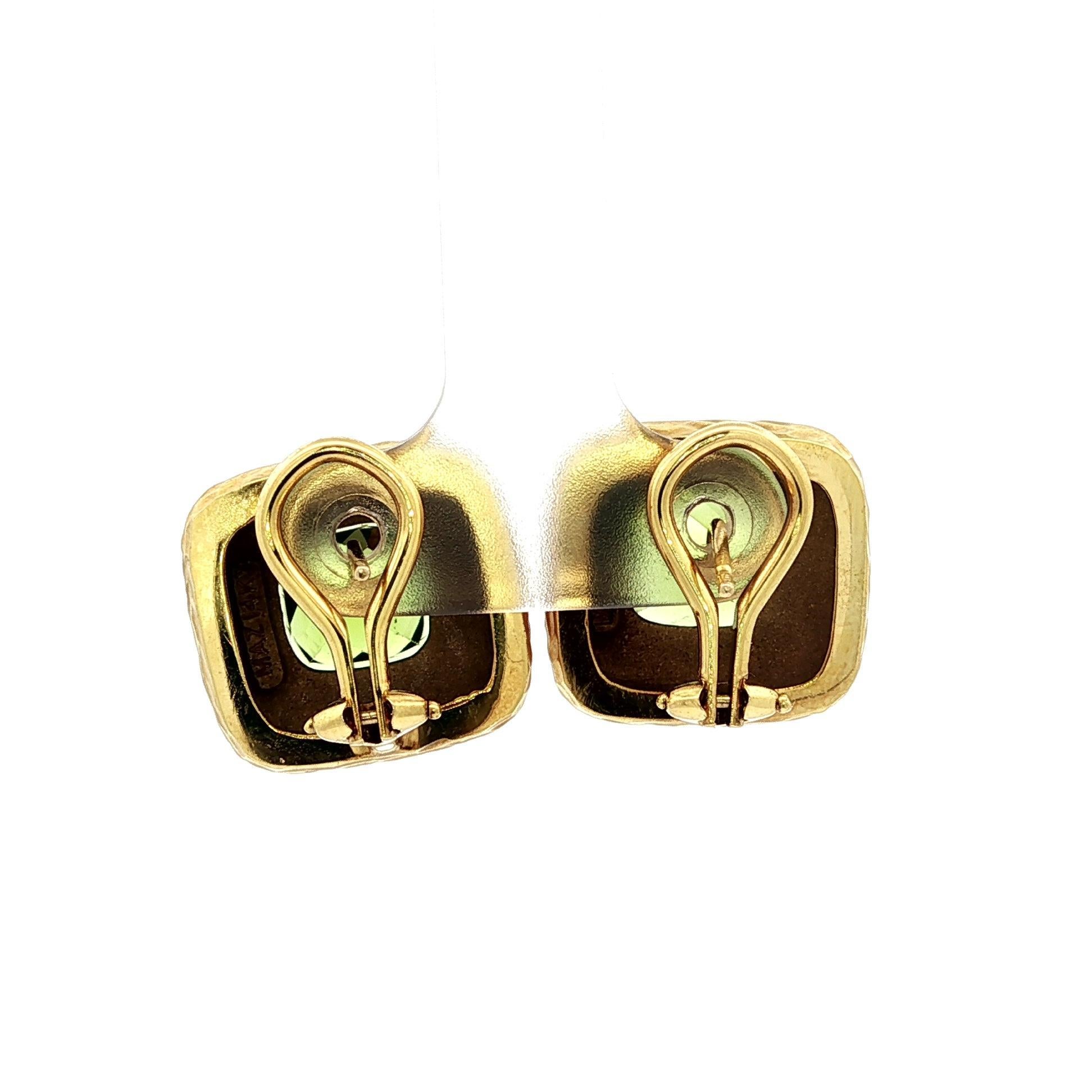 Boucles d'oreilles MAZ en or jaune 14k 5.40ctw Péridot coussin martelé finition mate en vente 7